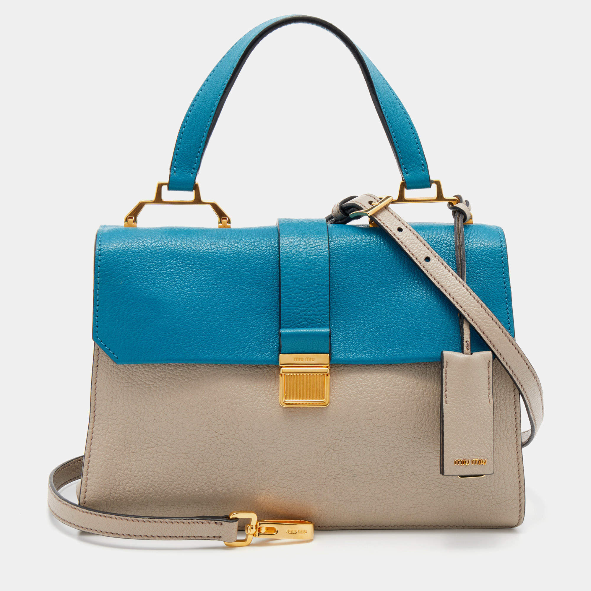 Pre Owned Miu Miu Grey/Blue Leather Madras Top Handle Bag