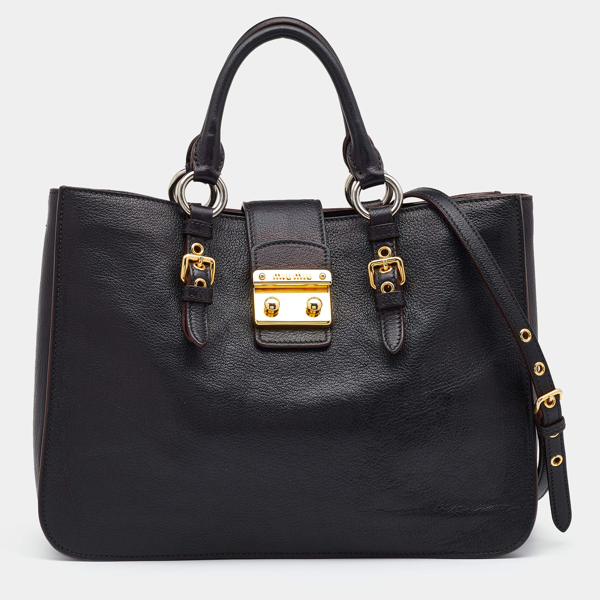 Pre Owned Miu Miu Black Madras Leather Executive Tote