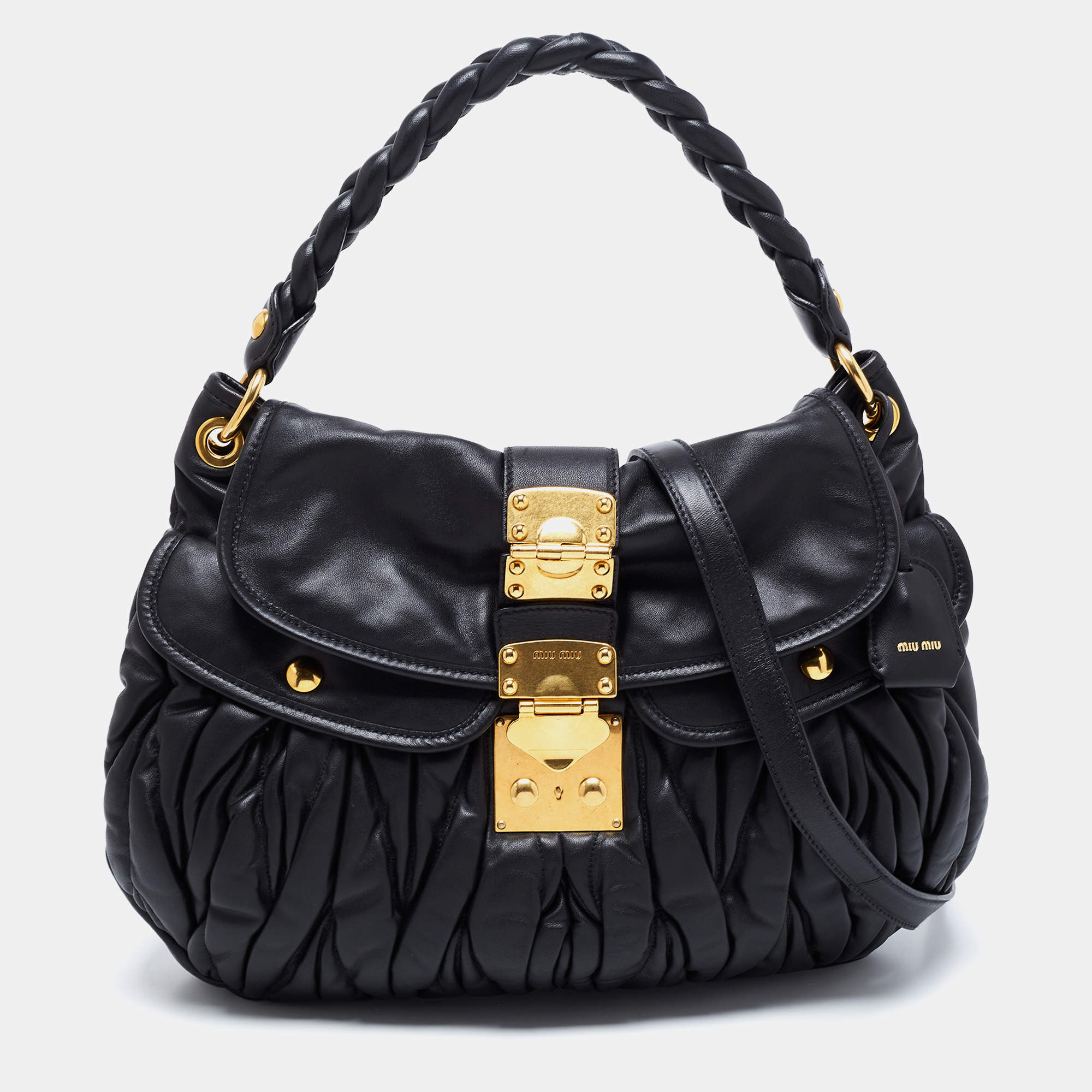 Pre Owned Miu Miu Black Matelassé Leather Coffer Hobo