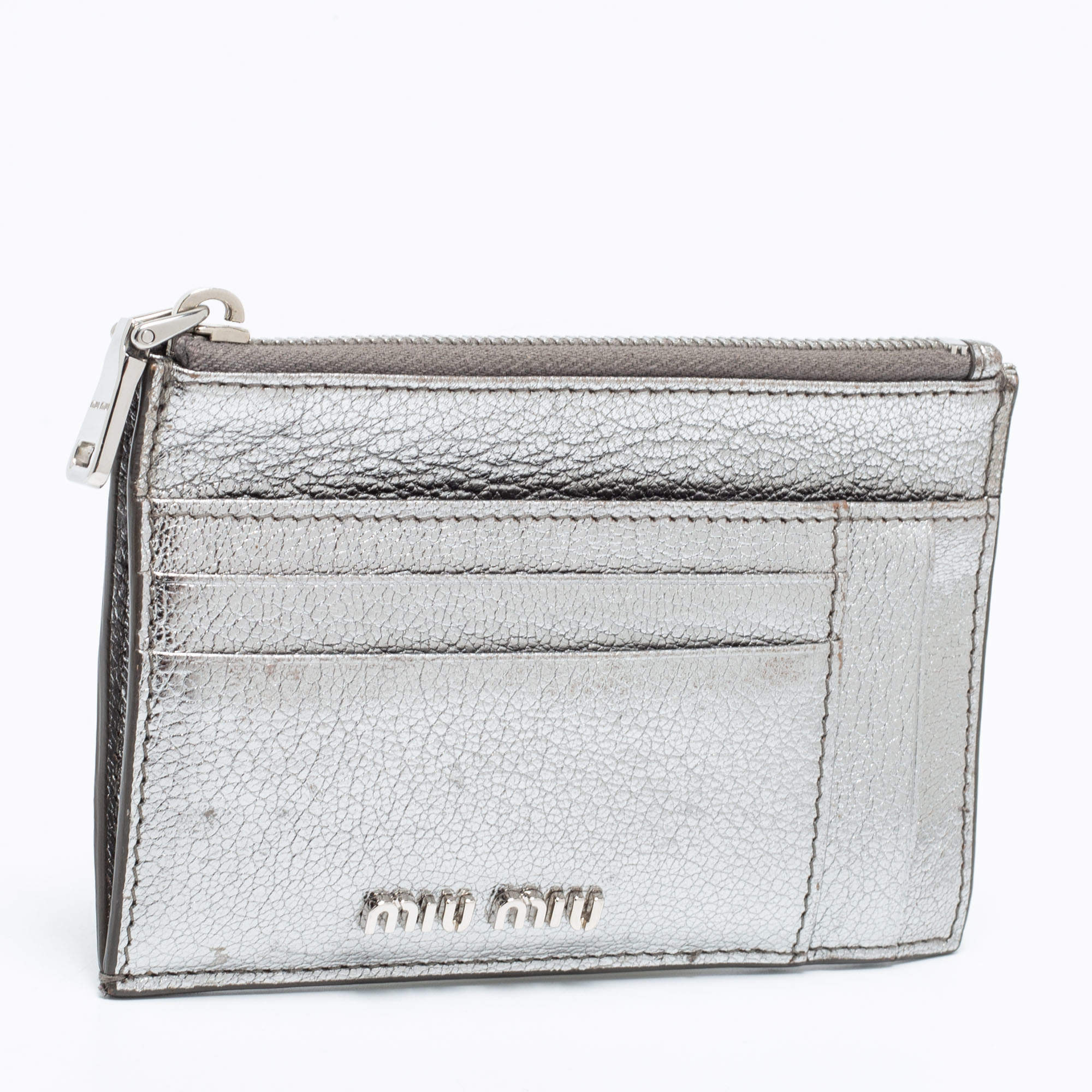 Miu Miu Metallic Silver Leather Zip Card Holder