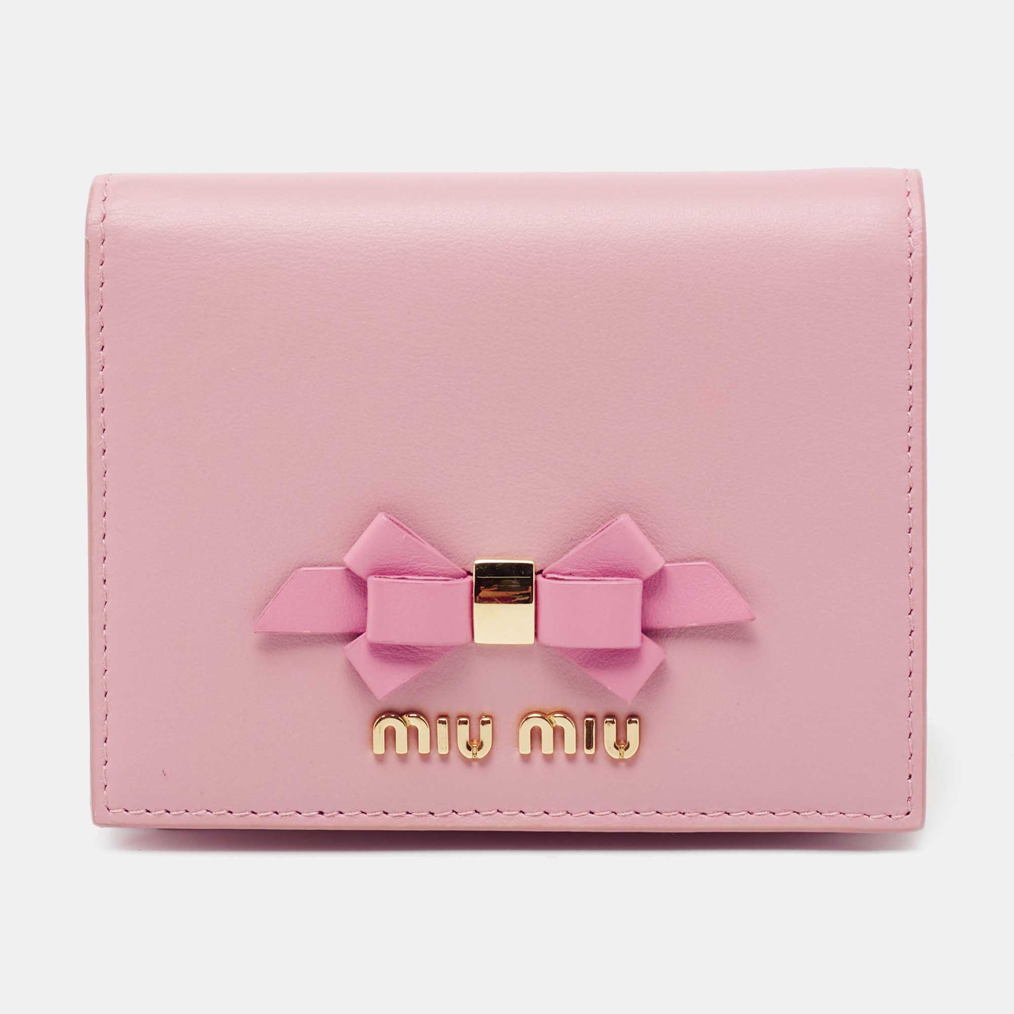 Miu Miu Pink Leather Bow Detail Compact Wallet