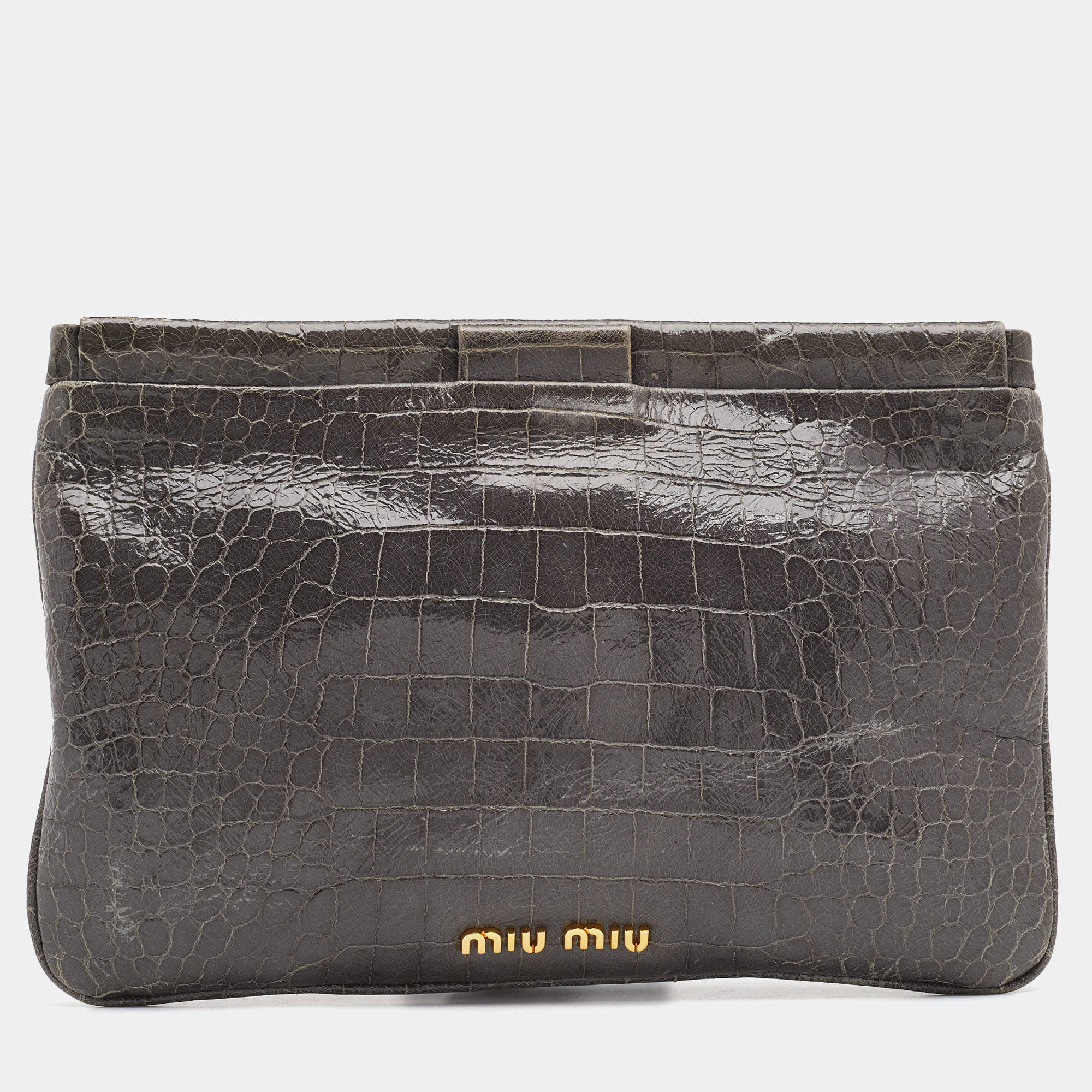 Miu Miu Grey Croc Embossed Patent Leather Frame Clutch