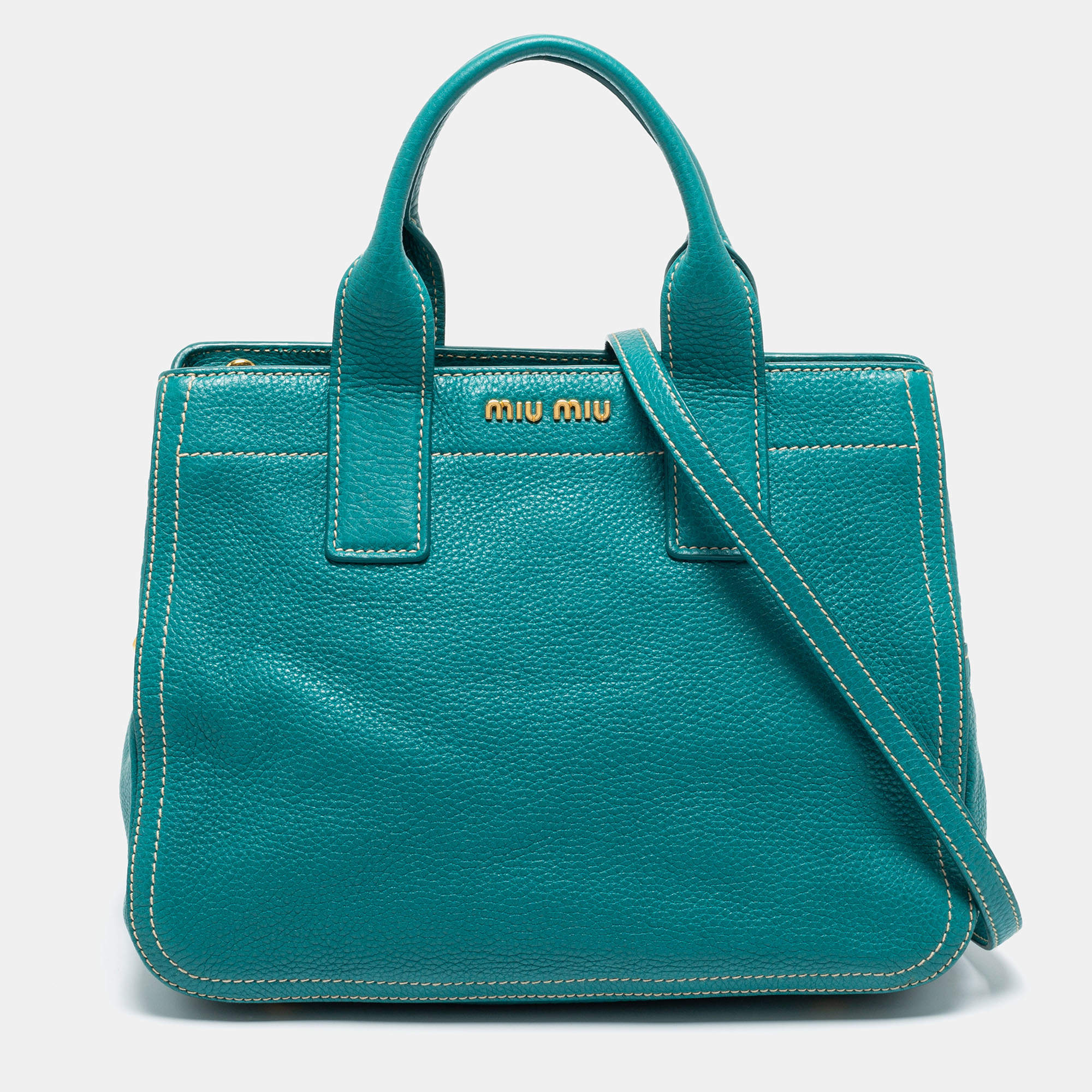 Pre Owned Miu Miu Green Vitello Caribu Leather Middle Zip Tote