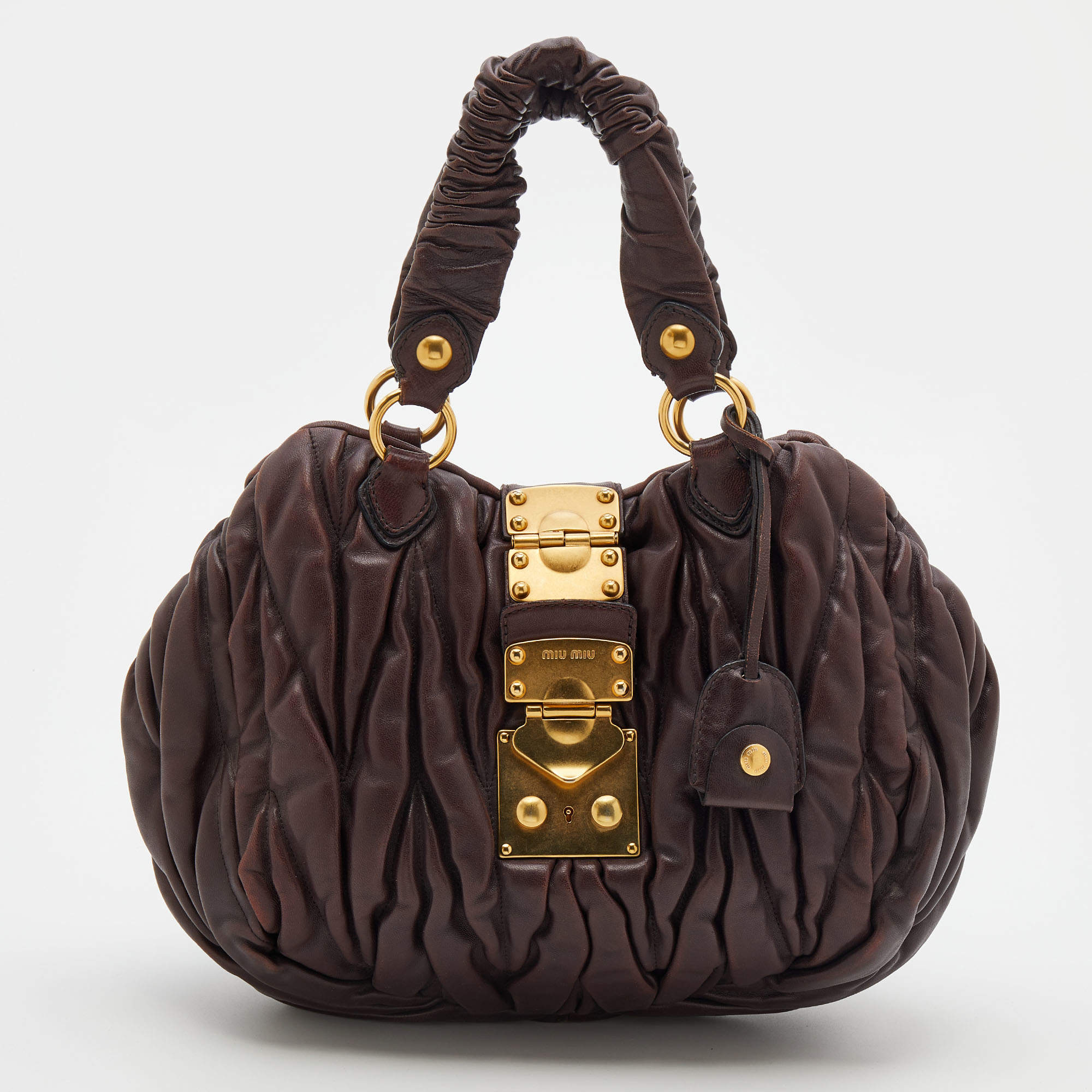 Pre Owned Miu Miu Dark Brown Matelasse Leather Bauletto Satchel