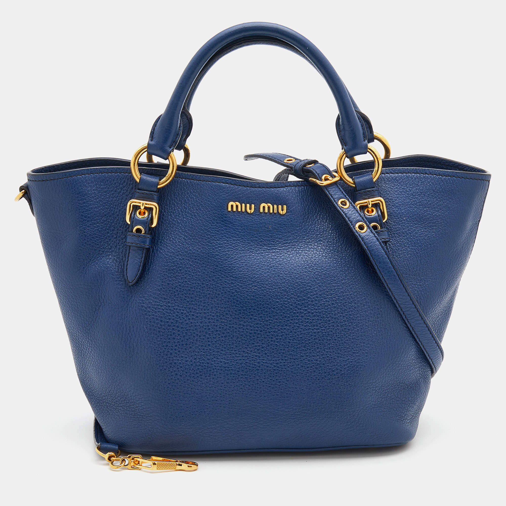 Pre Owned Miu Miu Blue Grained Leather Madras Tote