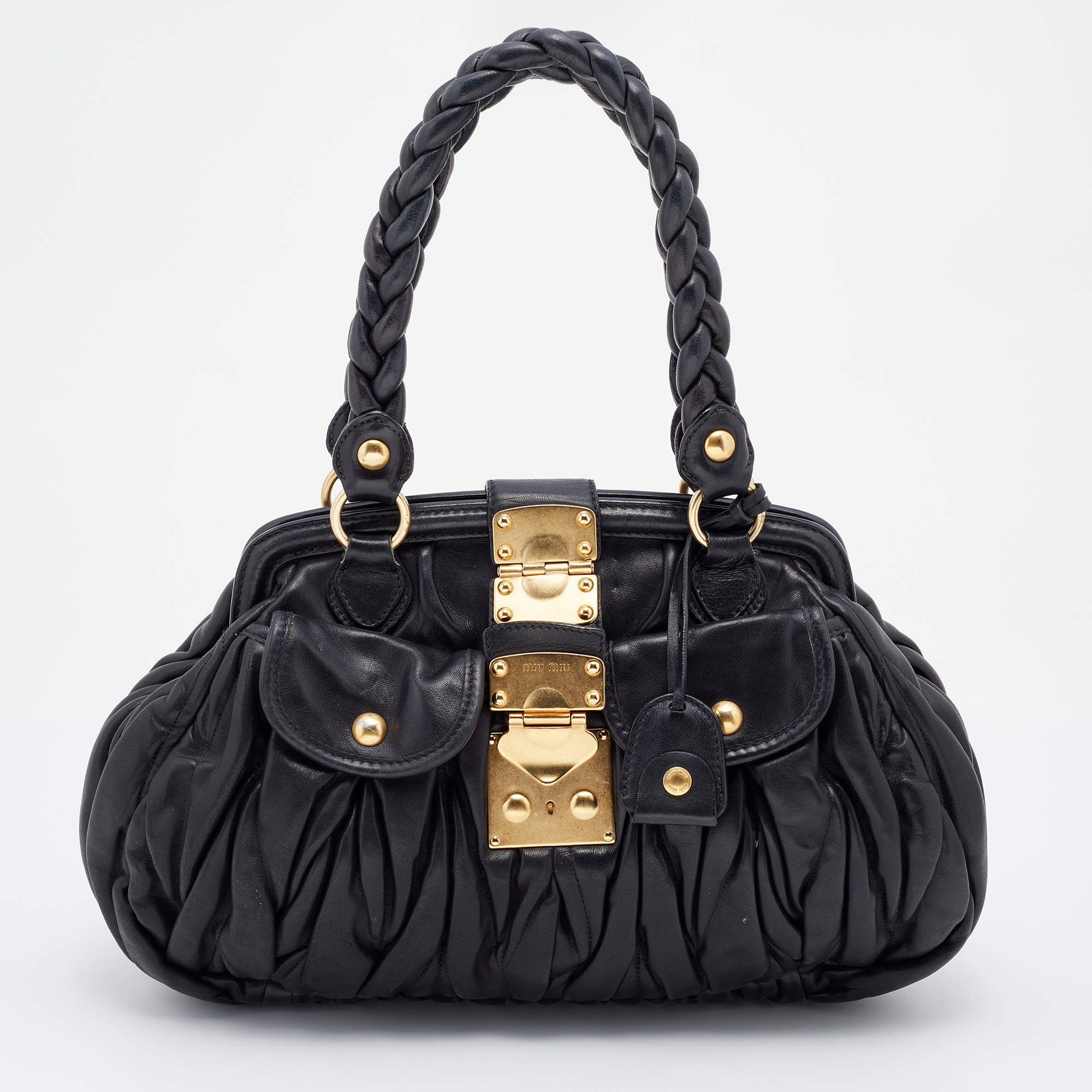 Miu Miu Black Matelassé Leather Coffer Frame Satchel