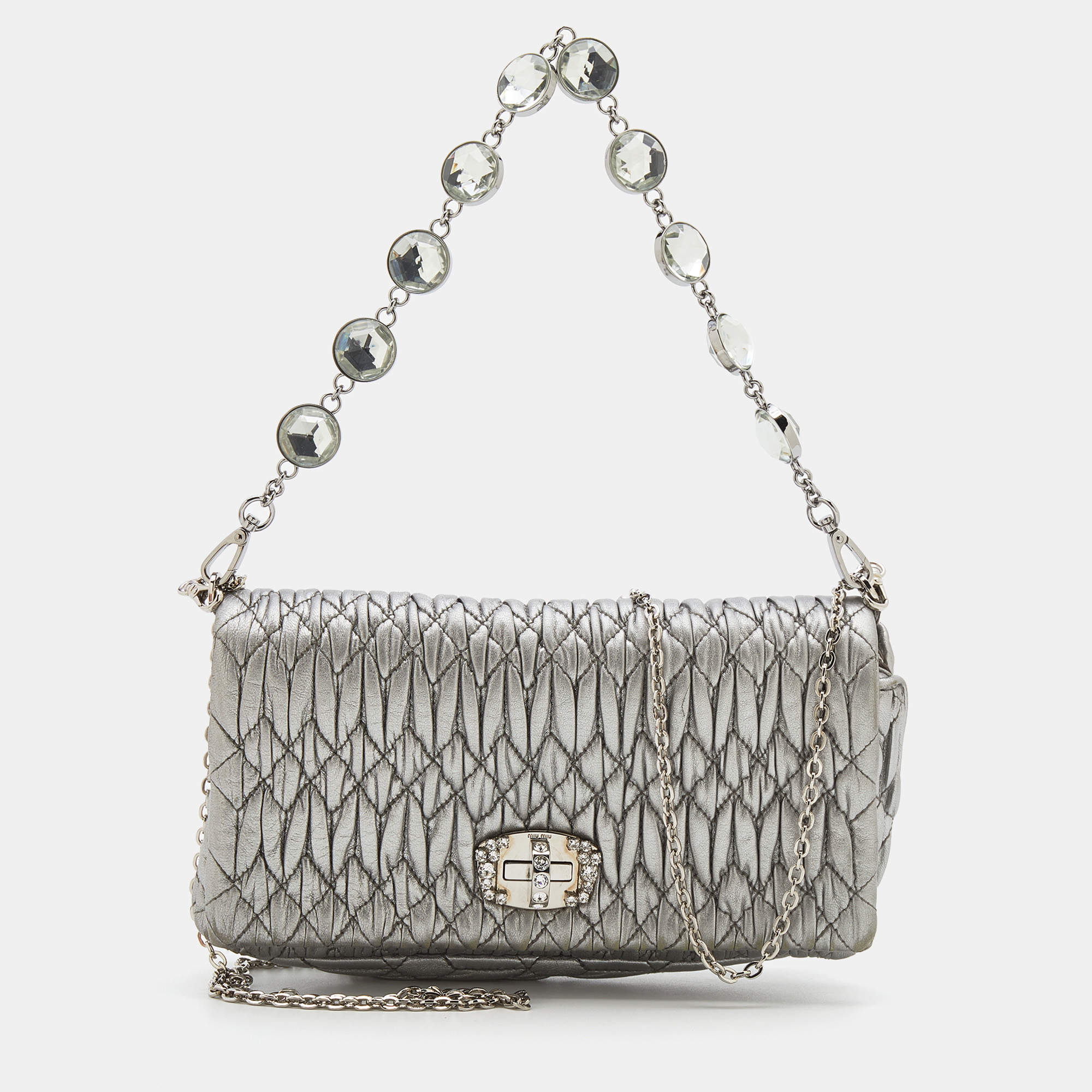 Pre Owned Miu Miu Silver Cloqué Leather Crystal Clutch Bag