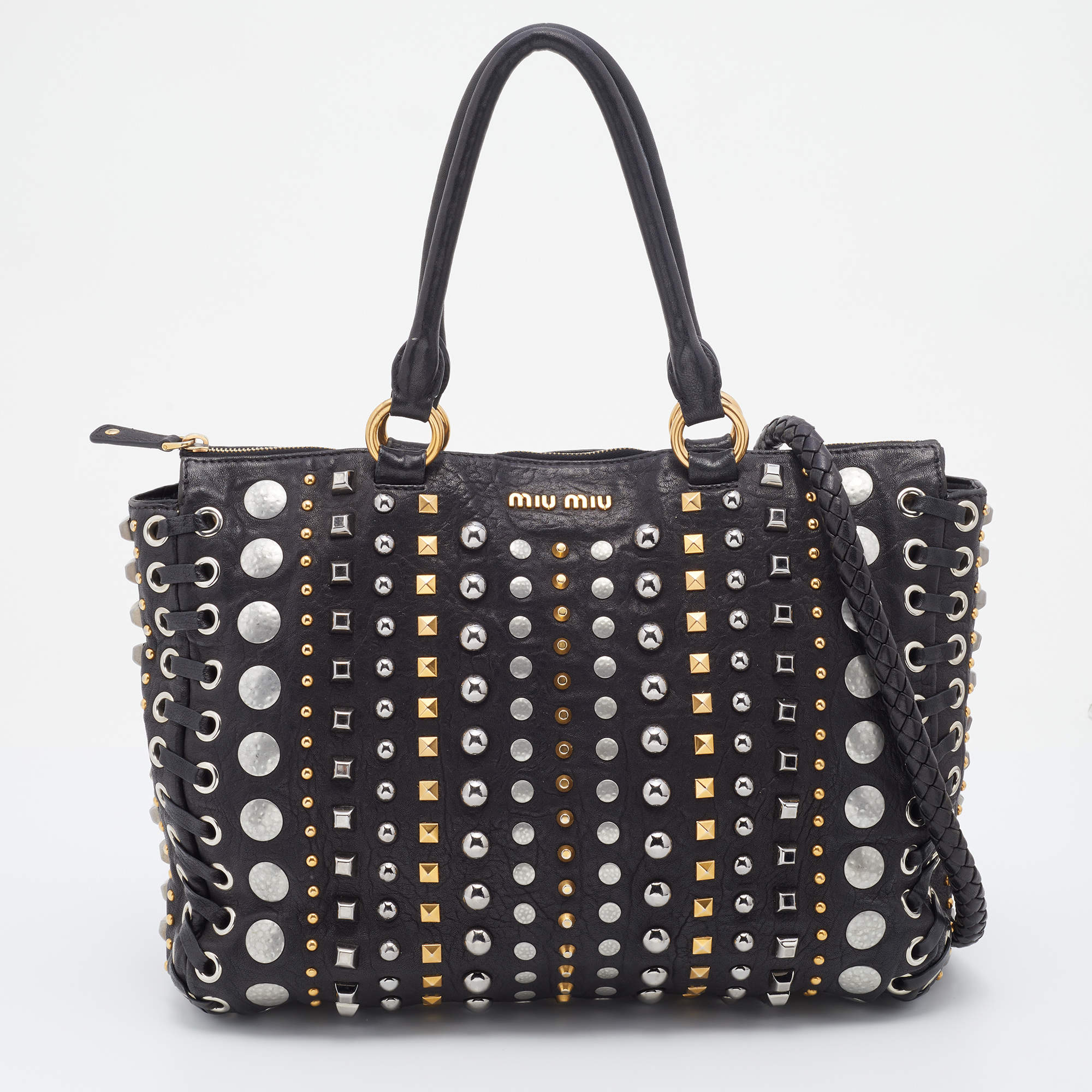 Miu Miu Black Leather Studded Monk Bag