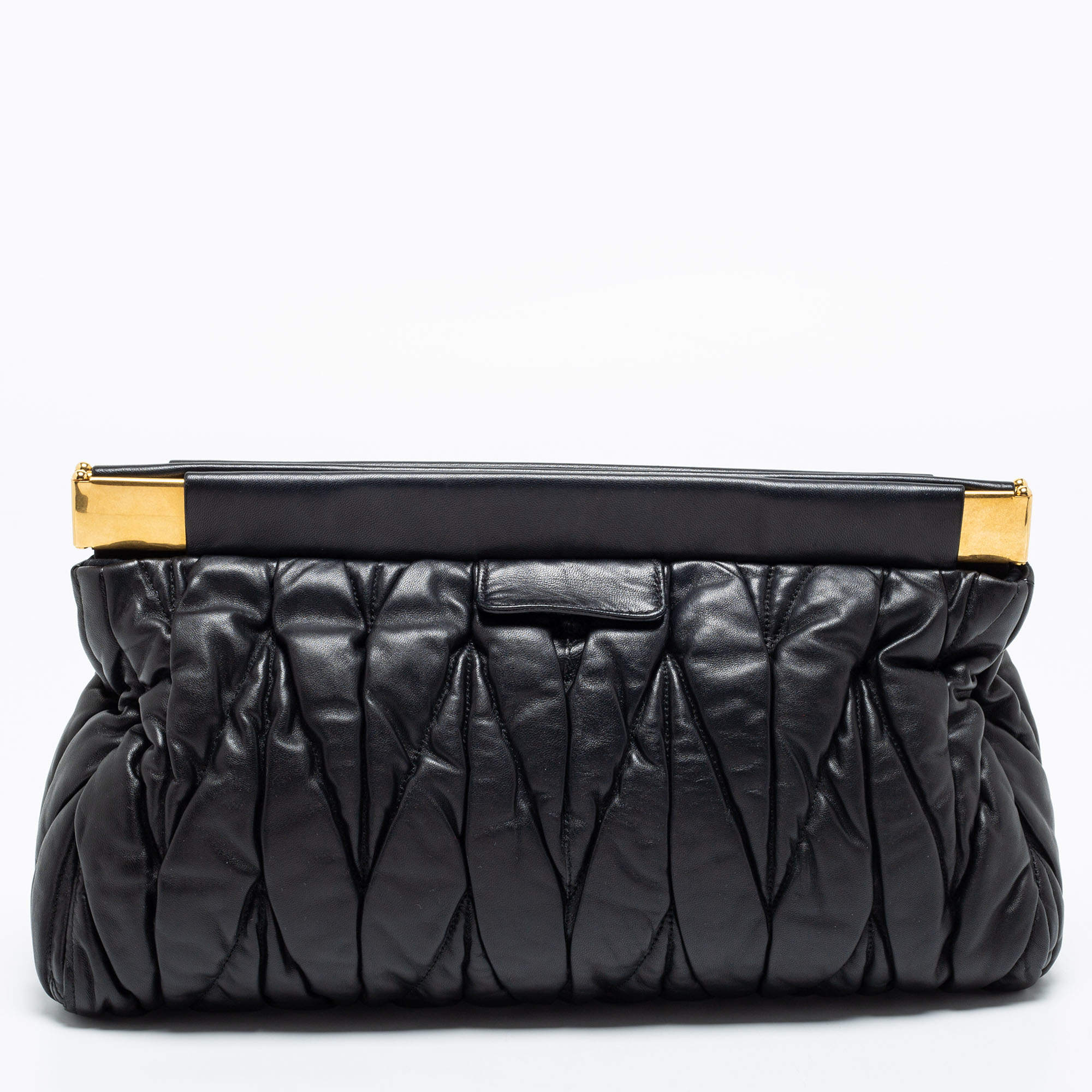 Pre Owned Miu Miu Black Matelassé Leather Frame Clutch
