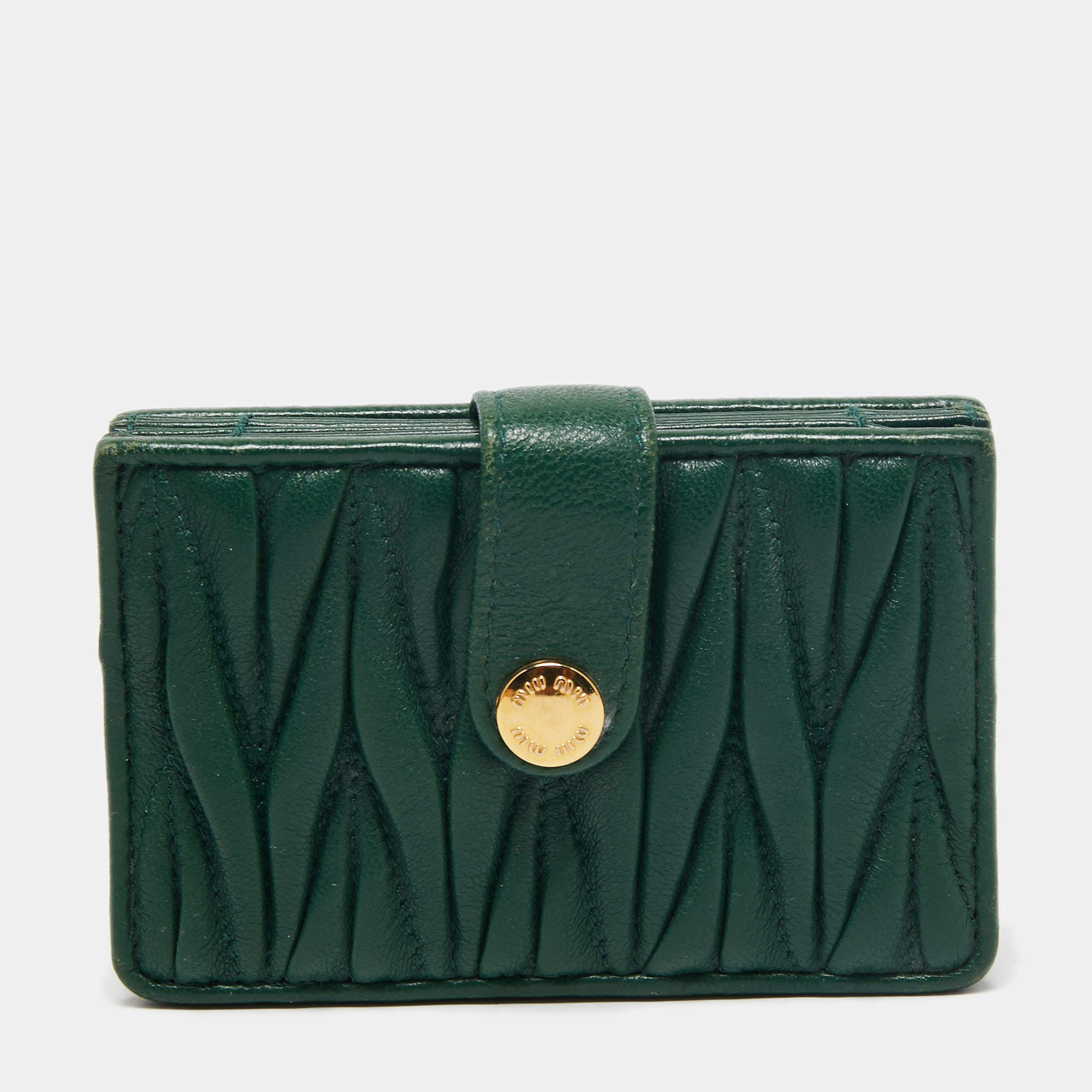 Pre Owned Miu Miu Green Matelasse Leather Card Holder