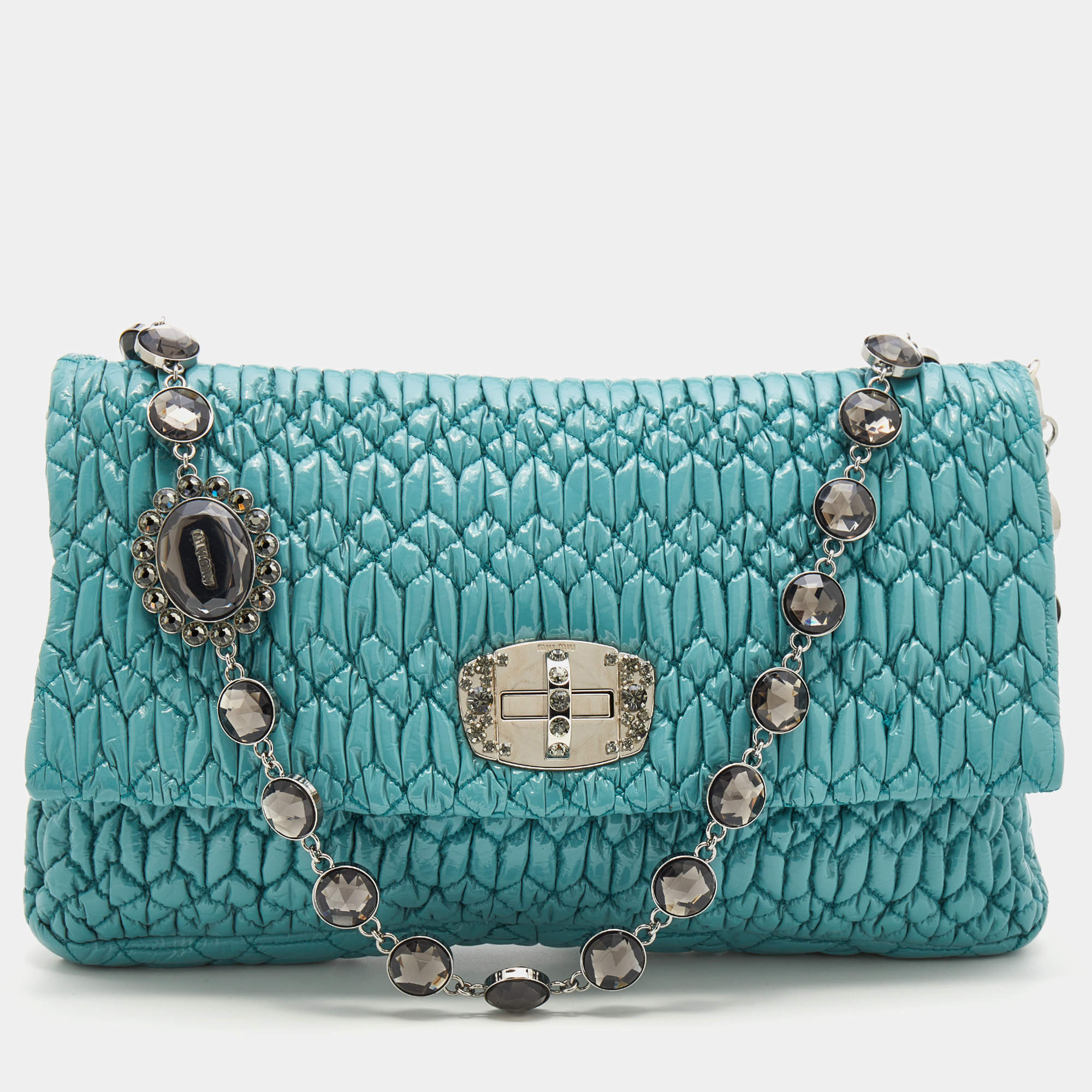 Pre Owned Miu Miu Turquoise Matelasse Leather Crystal Shoulder Bag
