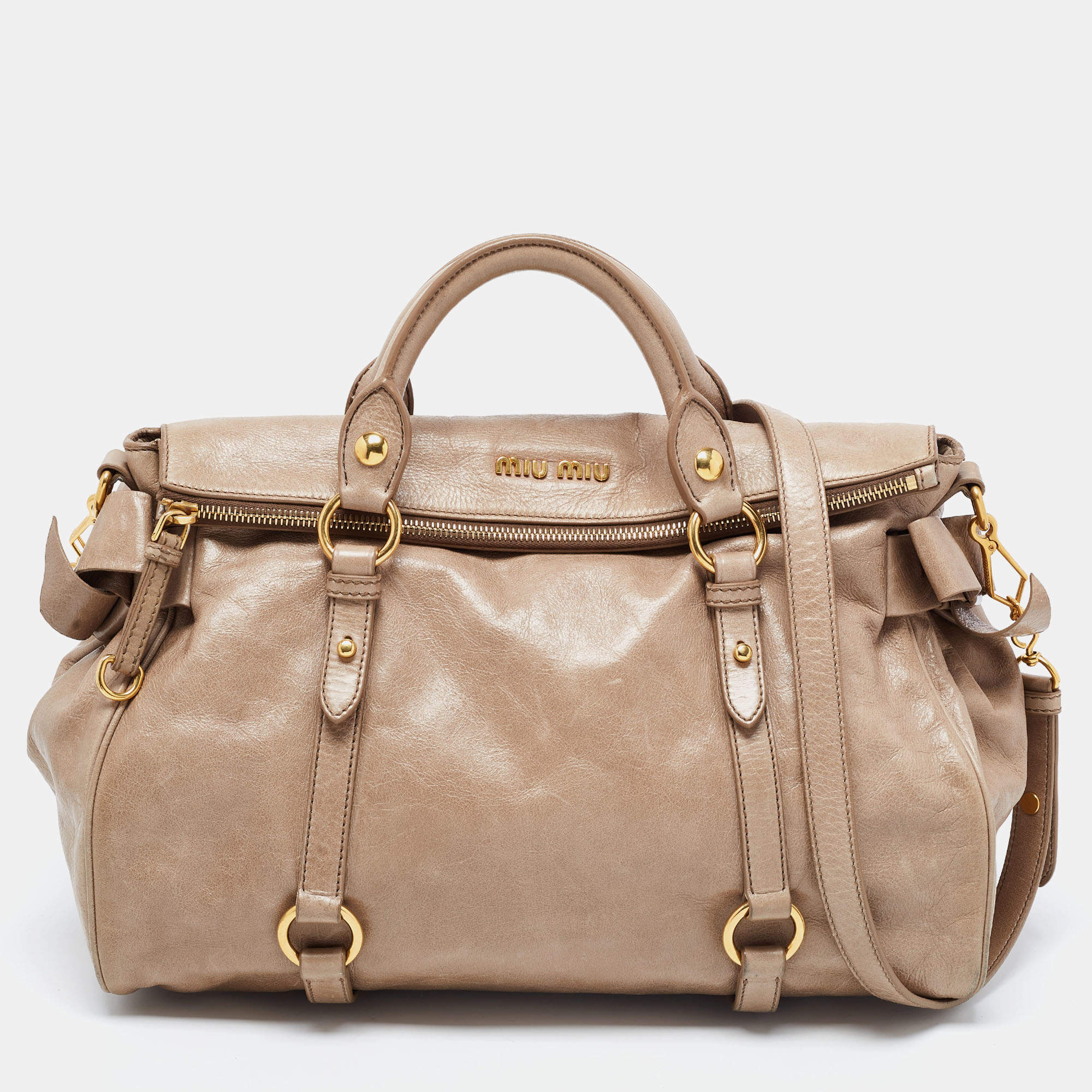 Miu Miu Beige Glazed Leather Bow Tote