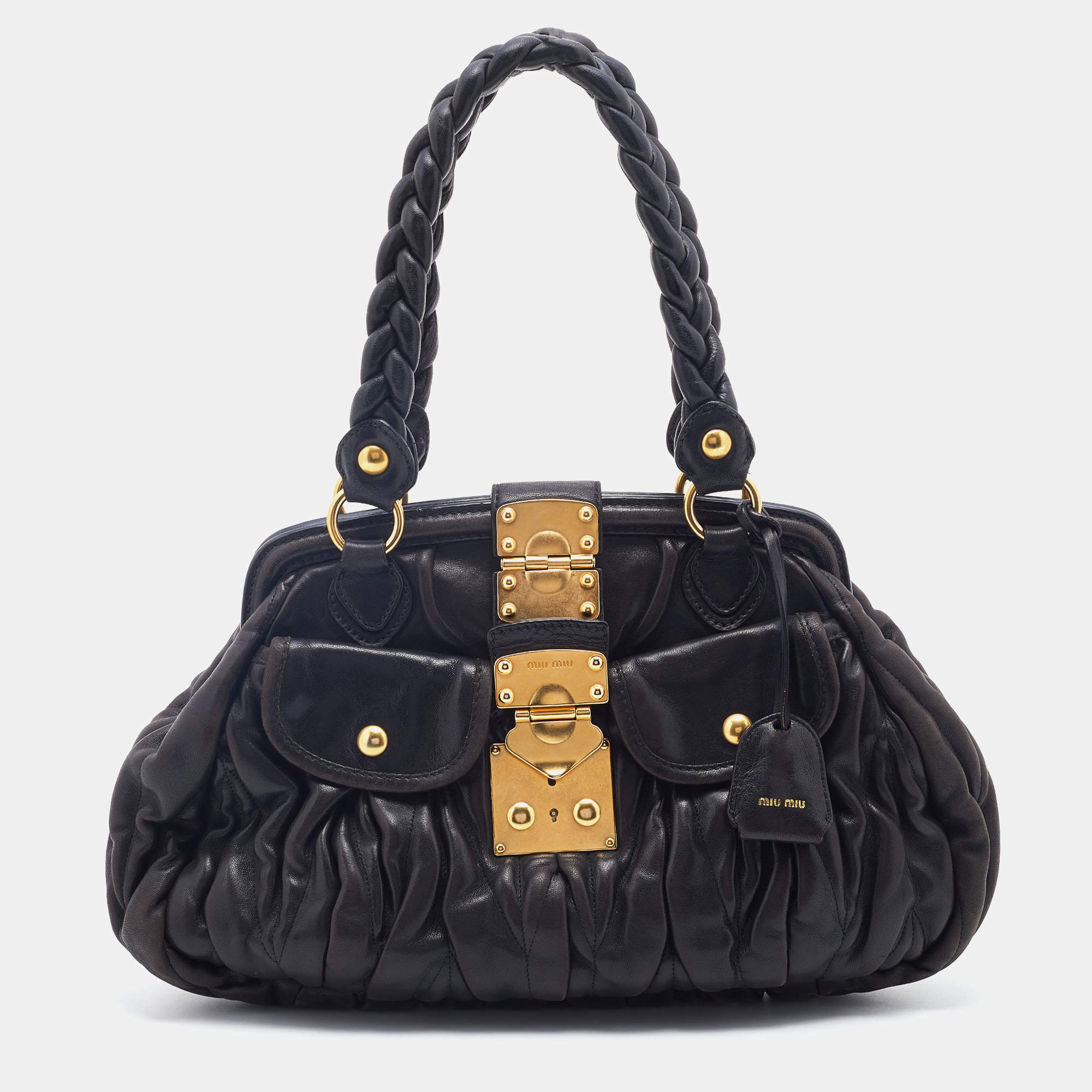Miu Miu Black Matelassé Leather Coffer Frame Satchel