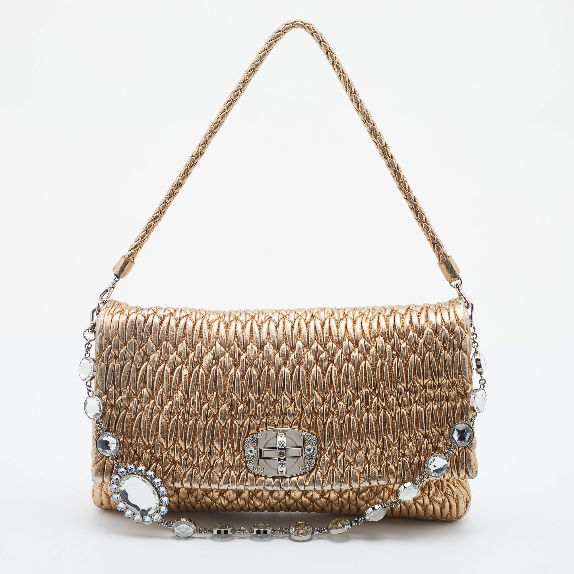 Miu Miu Metallic Gold Matelassé Leather Crystal Flap Shoulder Bag