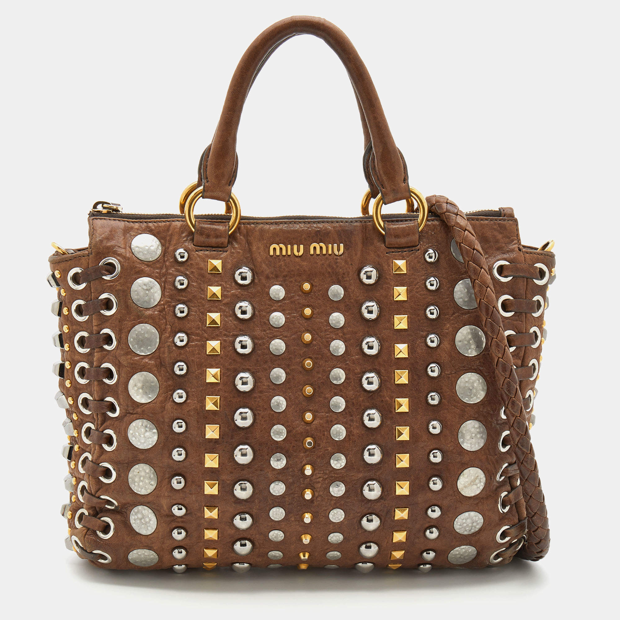 Miu Miu Brown Studded Leather Monk Zip Satchel