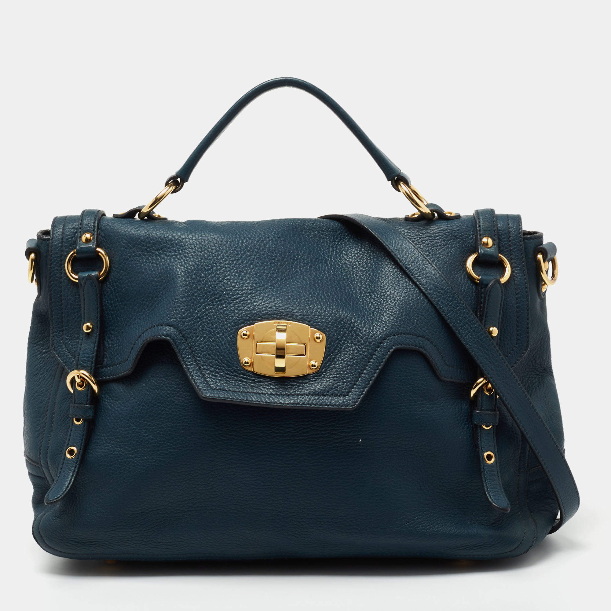 Pre Owned Miu Miu Blue Leather Turnlock Shoulder Bag