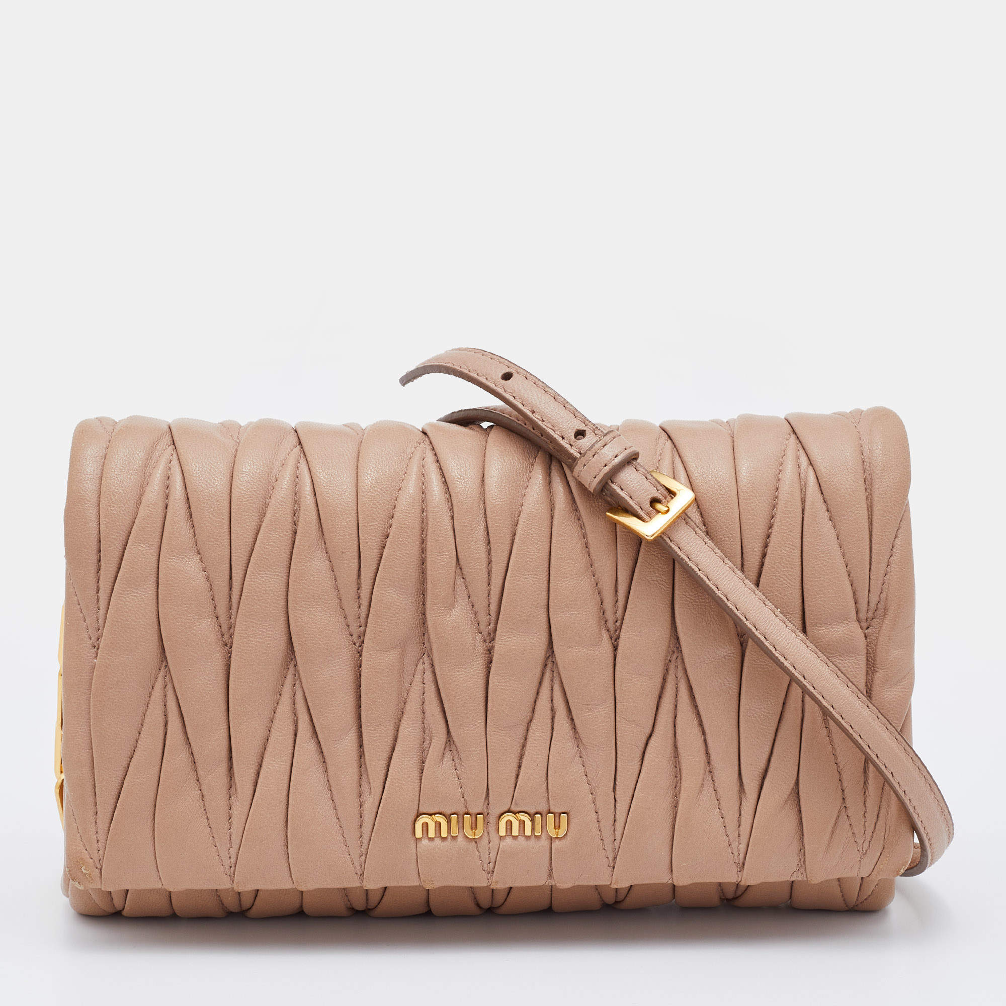 Pre Owned Miu Miu Beige Matelassé Leather Flap Shoulder Bag