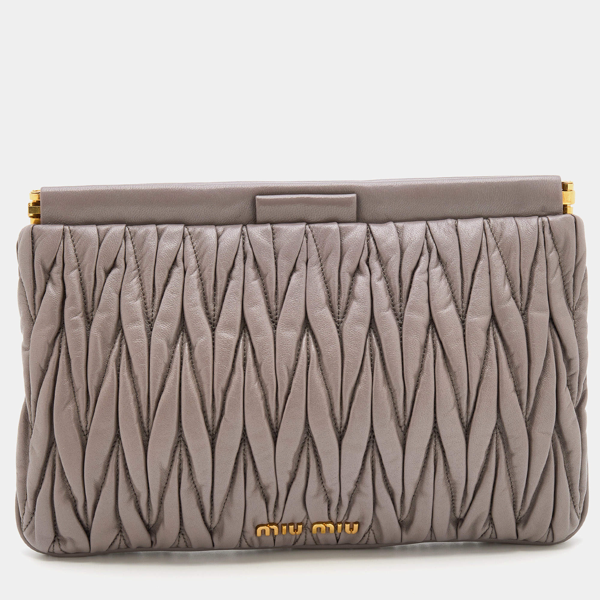 Pre Owned Miu Miu Grey Matelassé Leather Frame Clutch