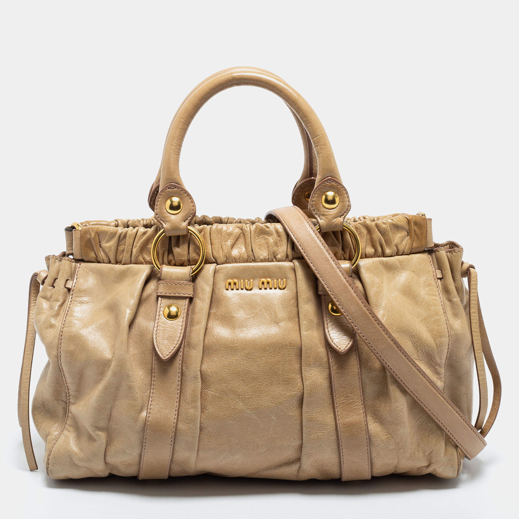 Miu Miu Beige Gathered Leather Satchel 