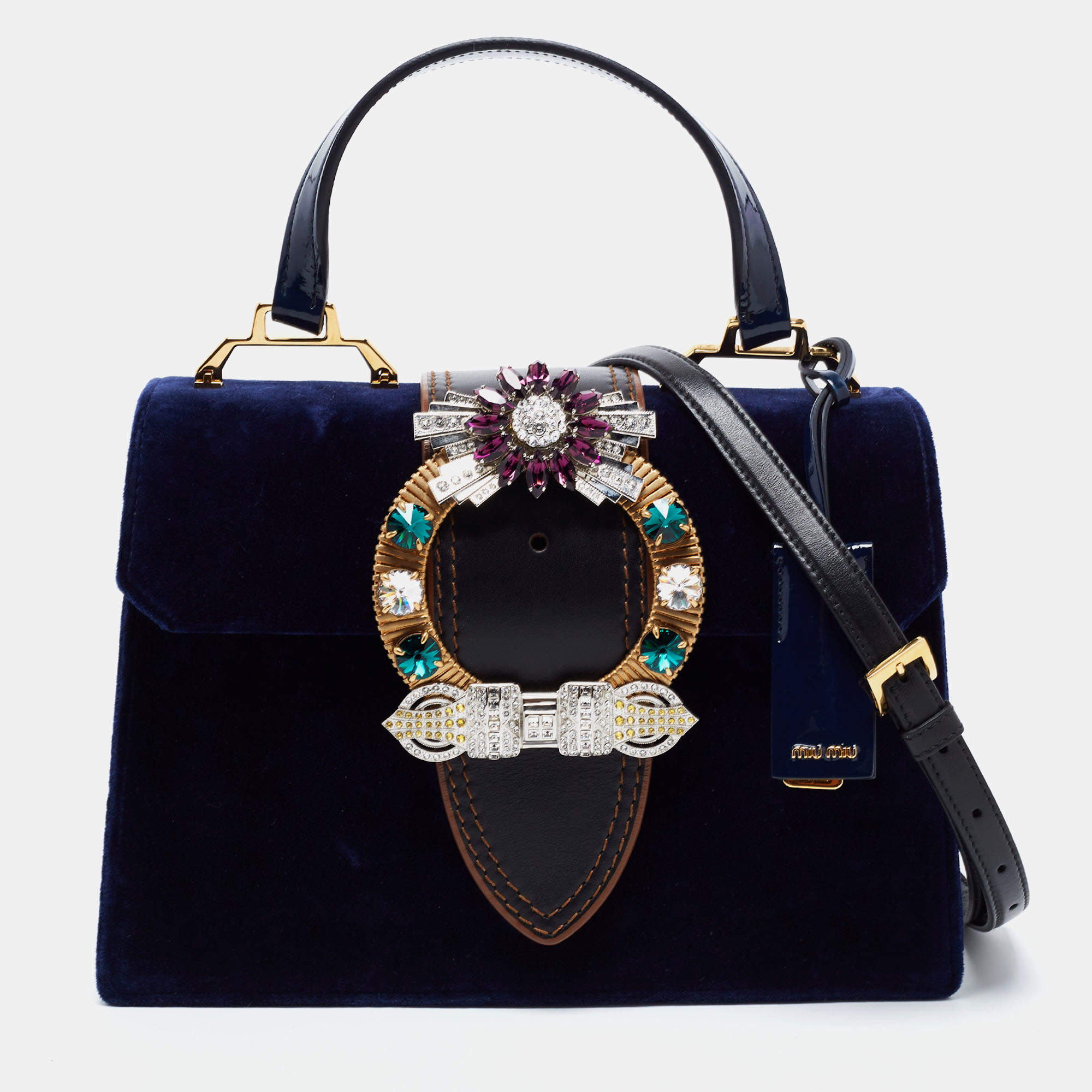 Pre Owned Miu Miu Blue Velvet Crystal Embellished Buckle Flap Top Handle Bag