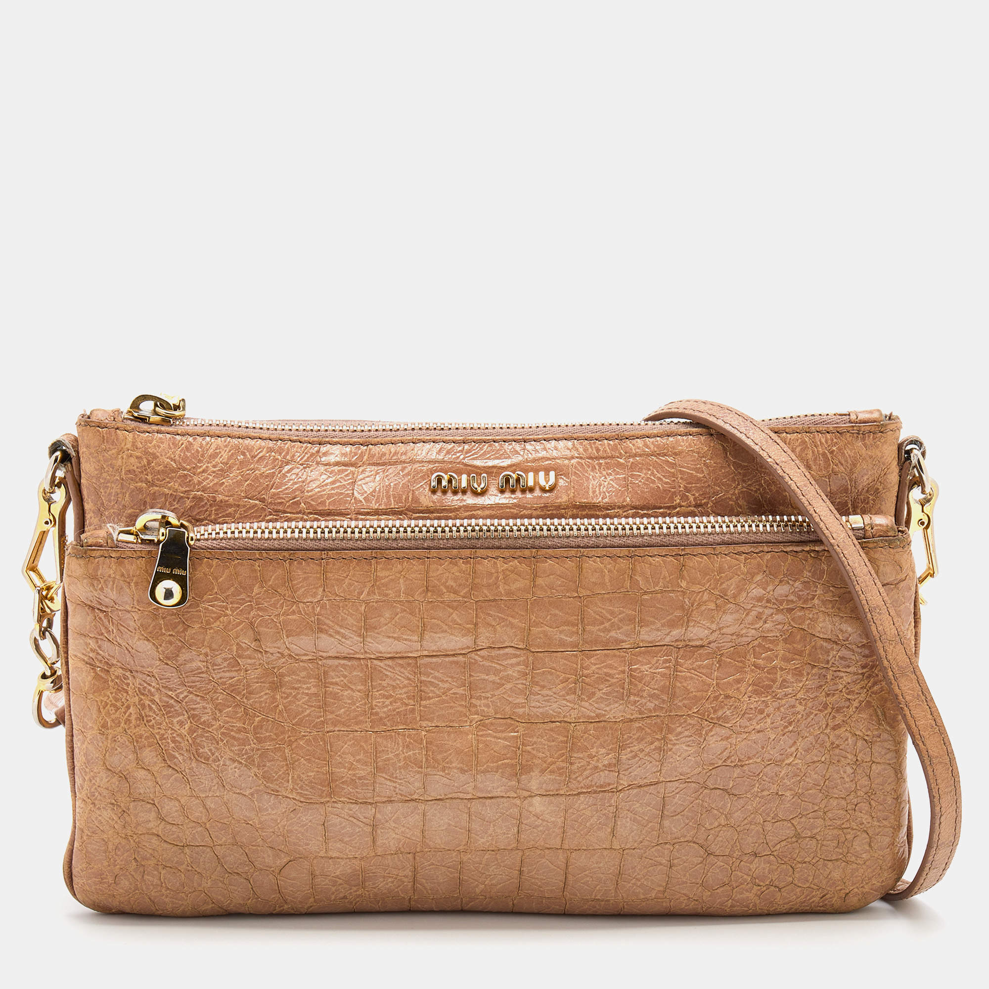 Pre Owned Miu Miu Beige Croc Embossed Patent Leather Crossbody Bag