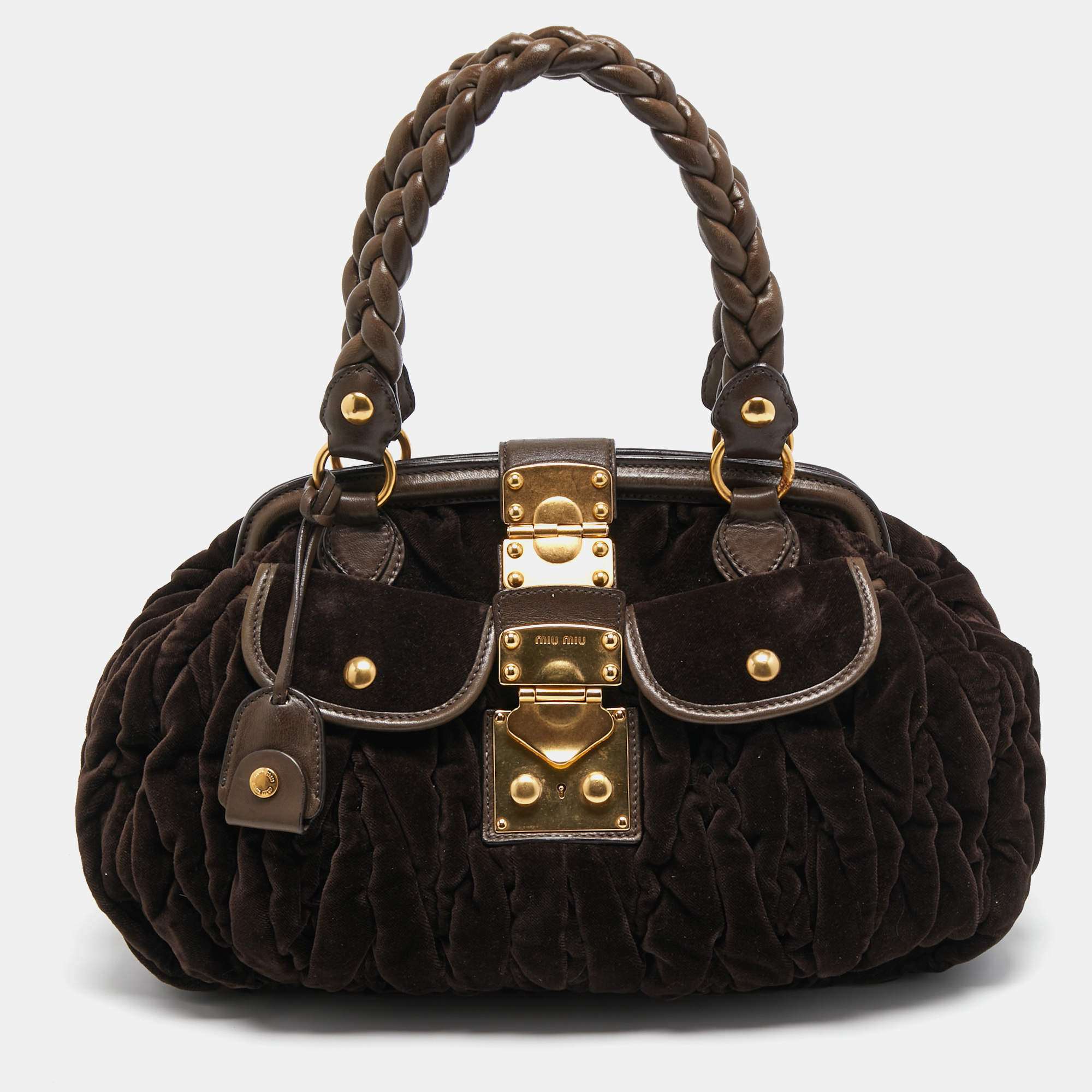 مملوكة مسبقًا Miu Miu Brown Suede and Leather Coffer Frame Satchel