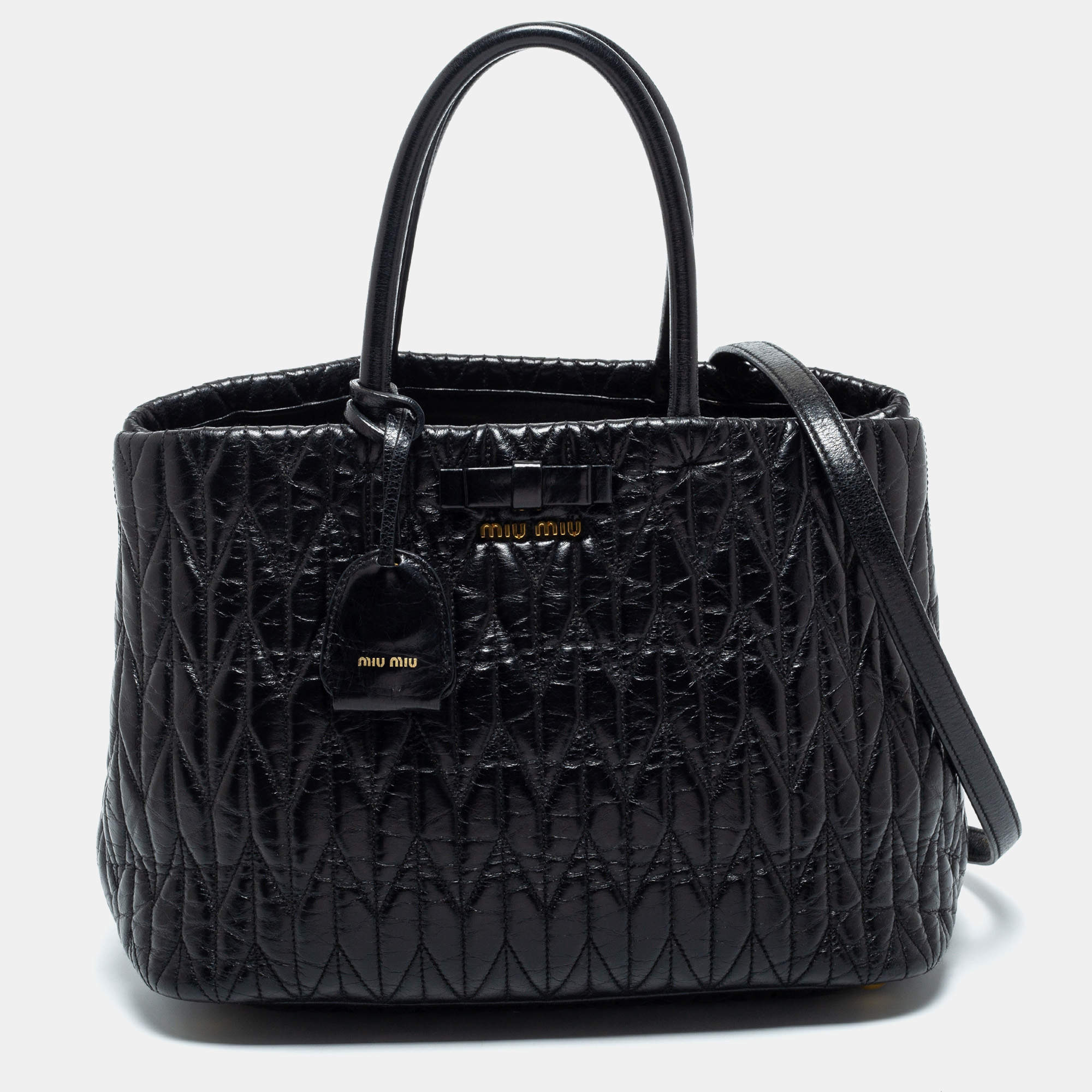 Pre Owned Miu Miu Black Matelassé Leather Bow Tote