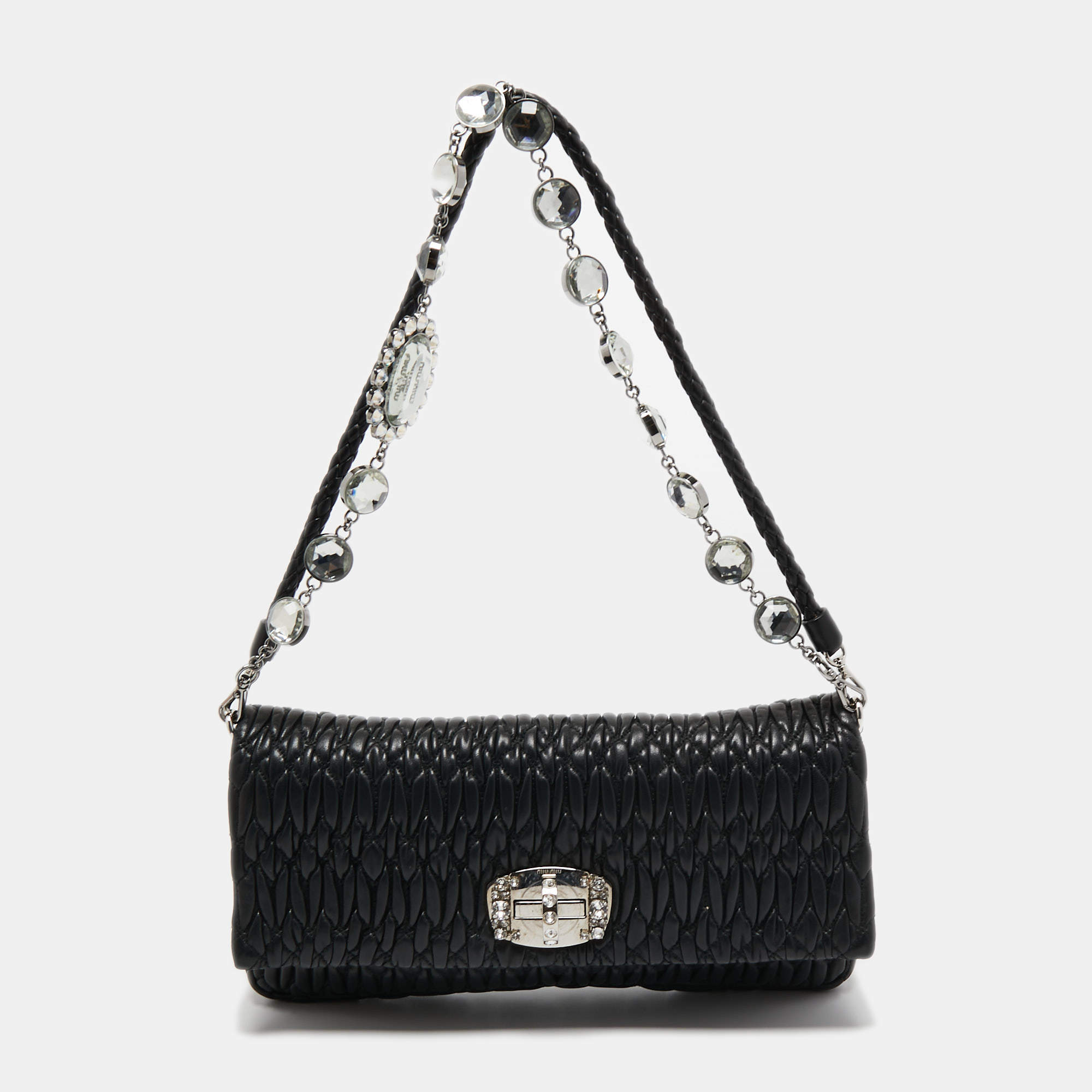 Pre Owned Miu Miu Black Matelassé Leather Crystal Shoulder Bag