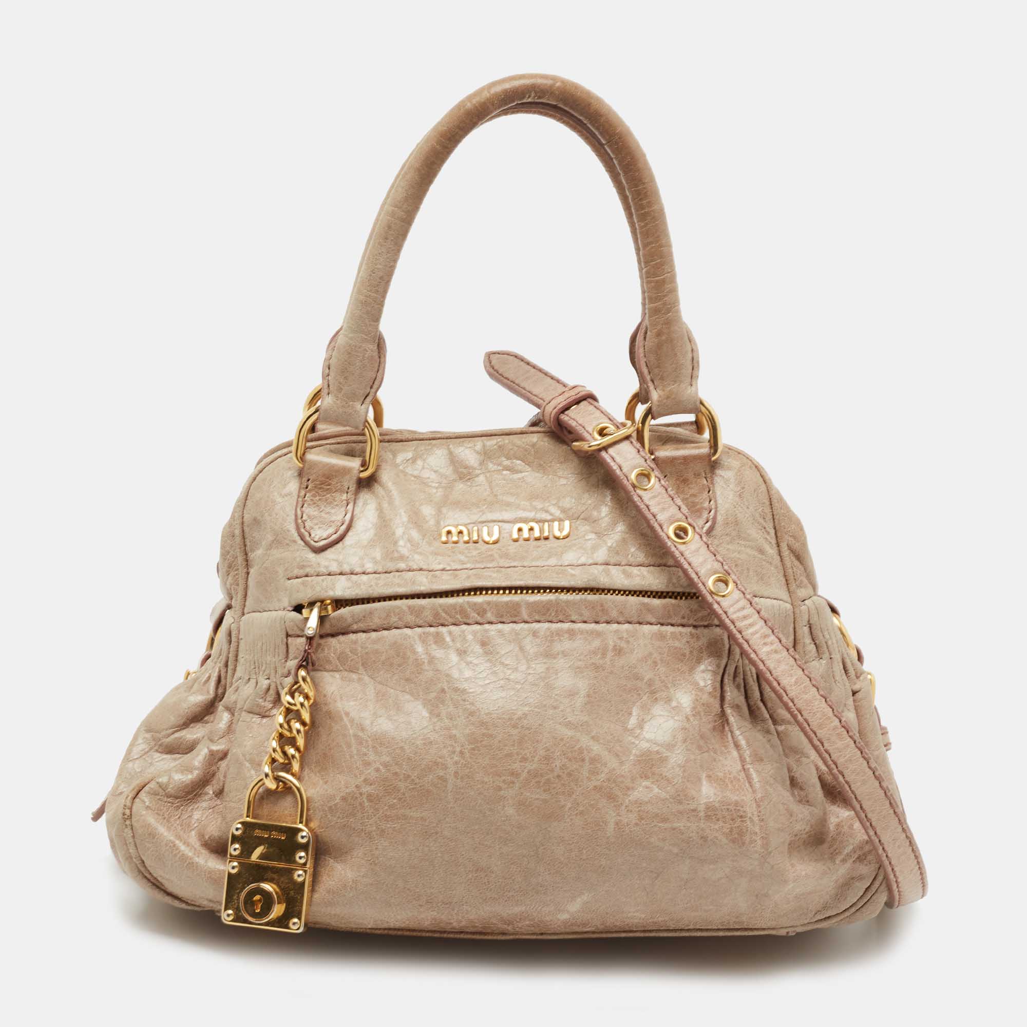 Pre Owned Miu Miu Beige Leather Lily Distressed Satchel