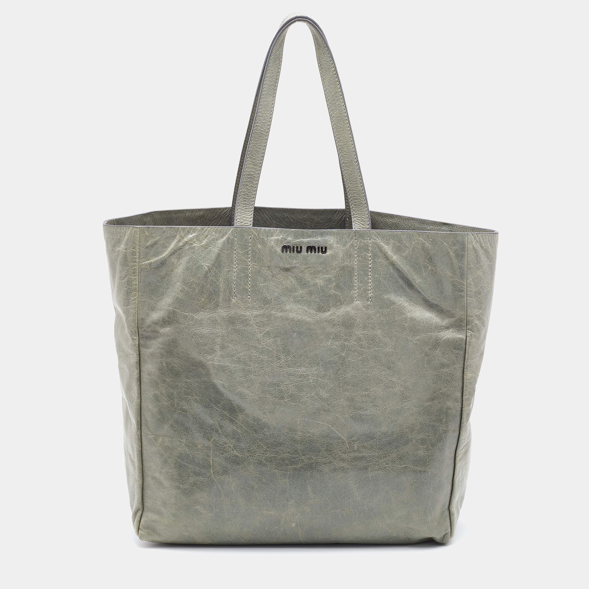 Pre Owned Miu Miu Pastel Green Leather Shopper Tote