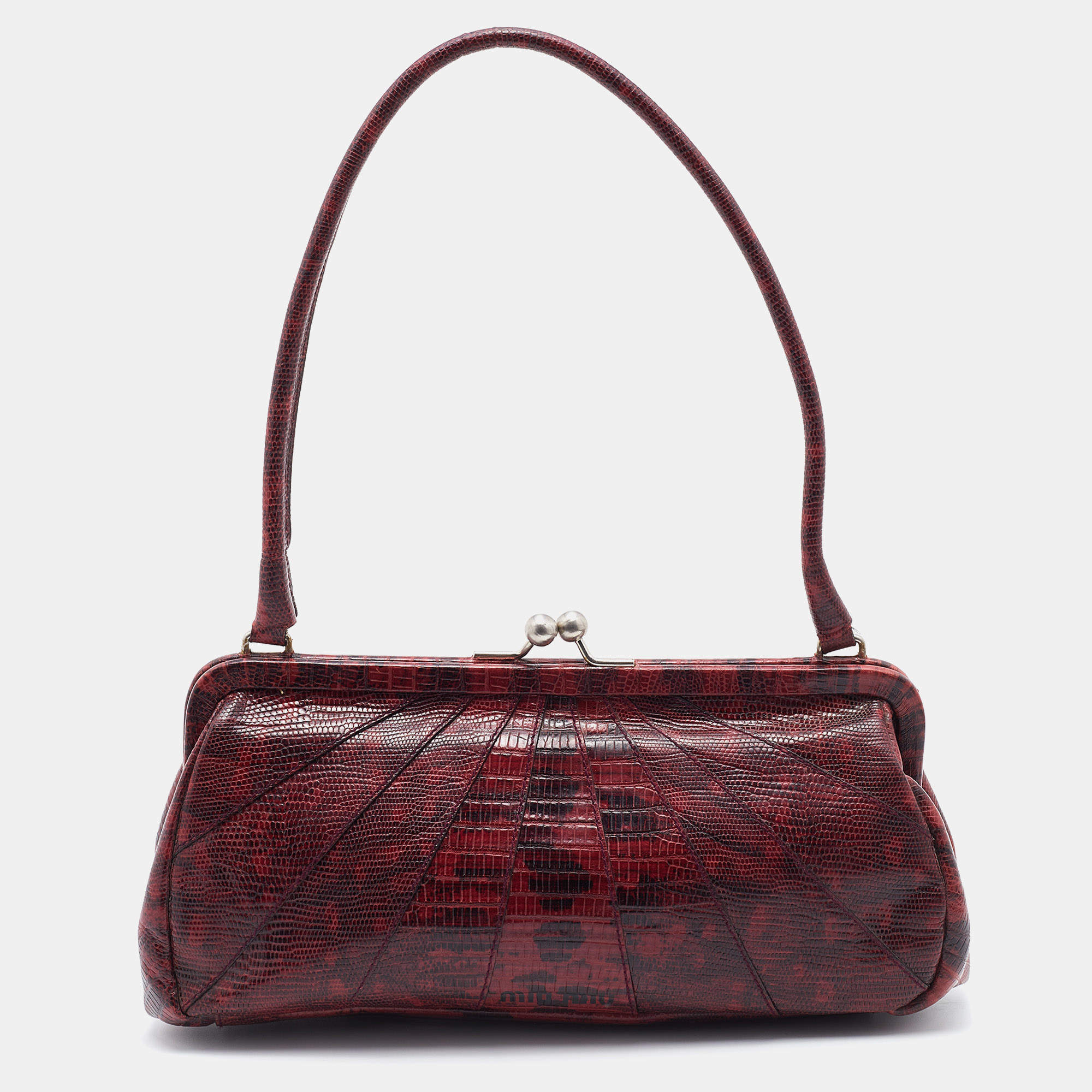Pre Owned Miu Miu Burgundy Lizard Embossed Leather Kiss Lock Shoulder Bag