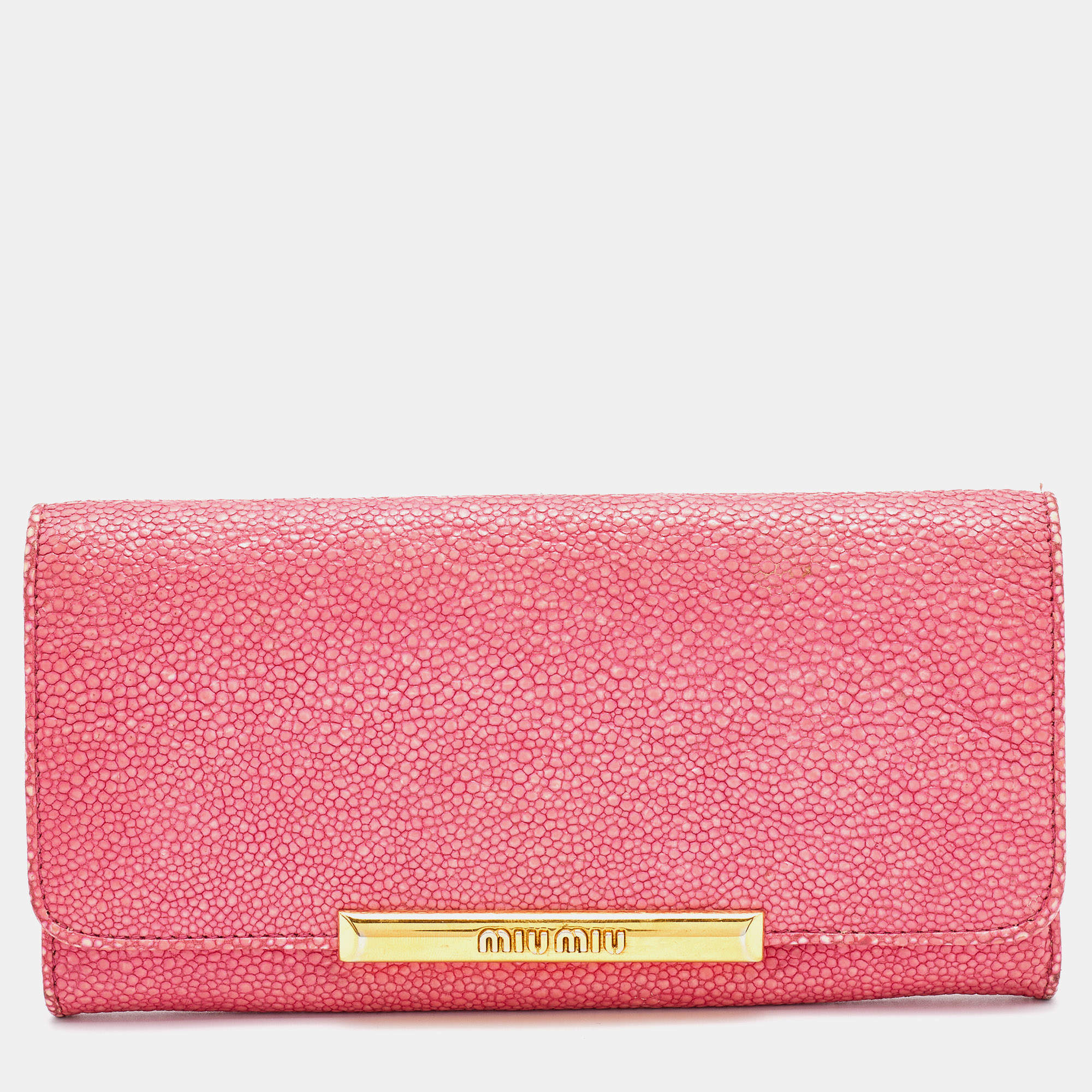 Pre Owned Miu Miu Pink Stingray Leather Logo Flap Continental Wallet