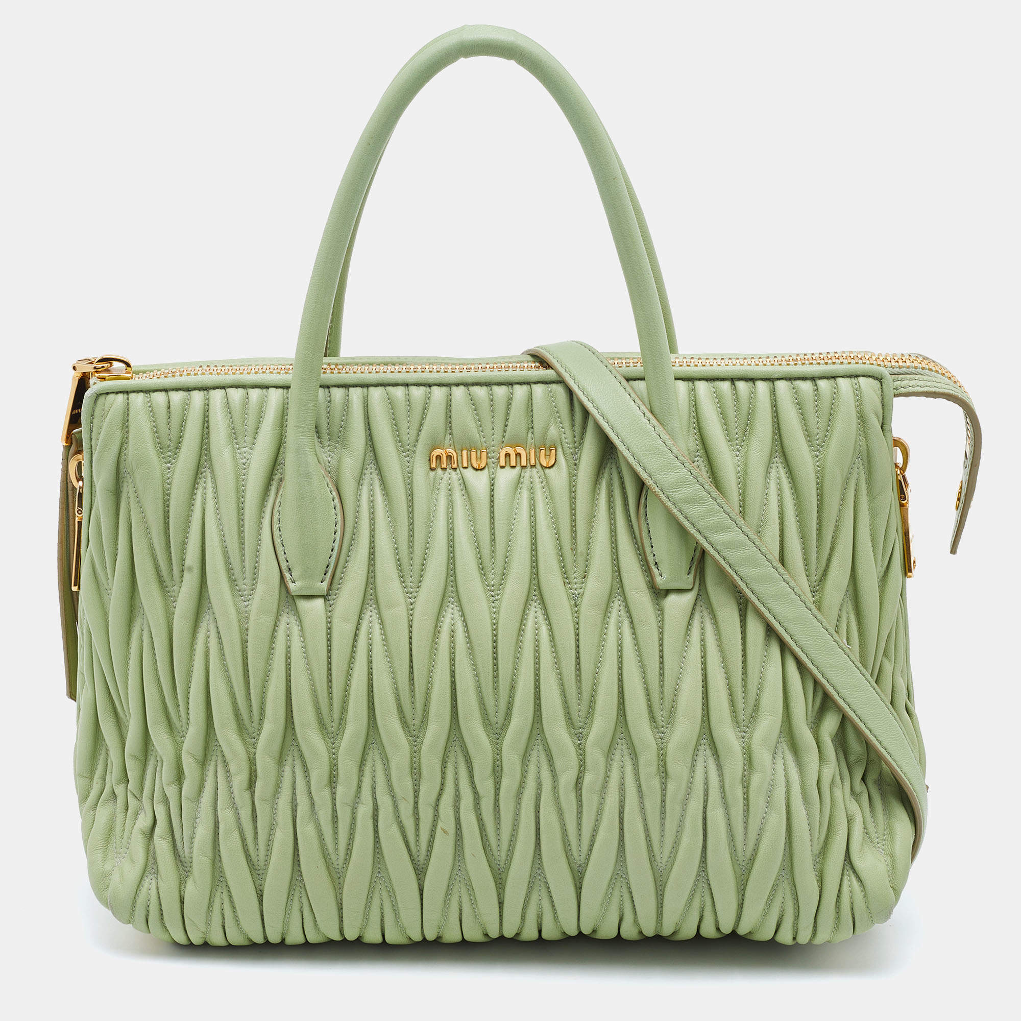 バッグ archive miu miu 2way Green Leather Tote MIU MIU Green Leather Shoulder Bag 2way Matelasse Pleated | eBay