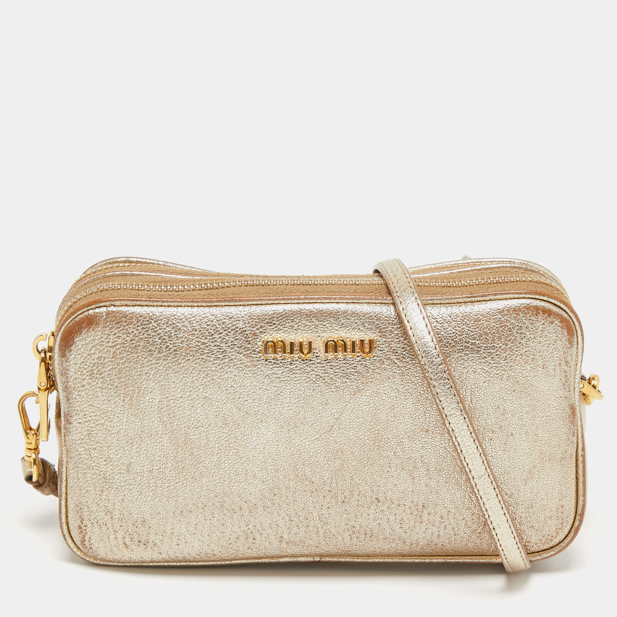 Miu Miu Gold Leather Double Zip Camera Crossbody Bag