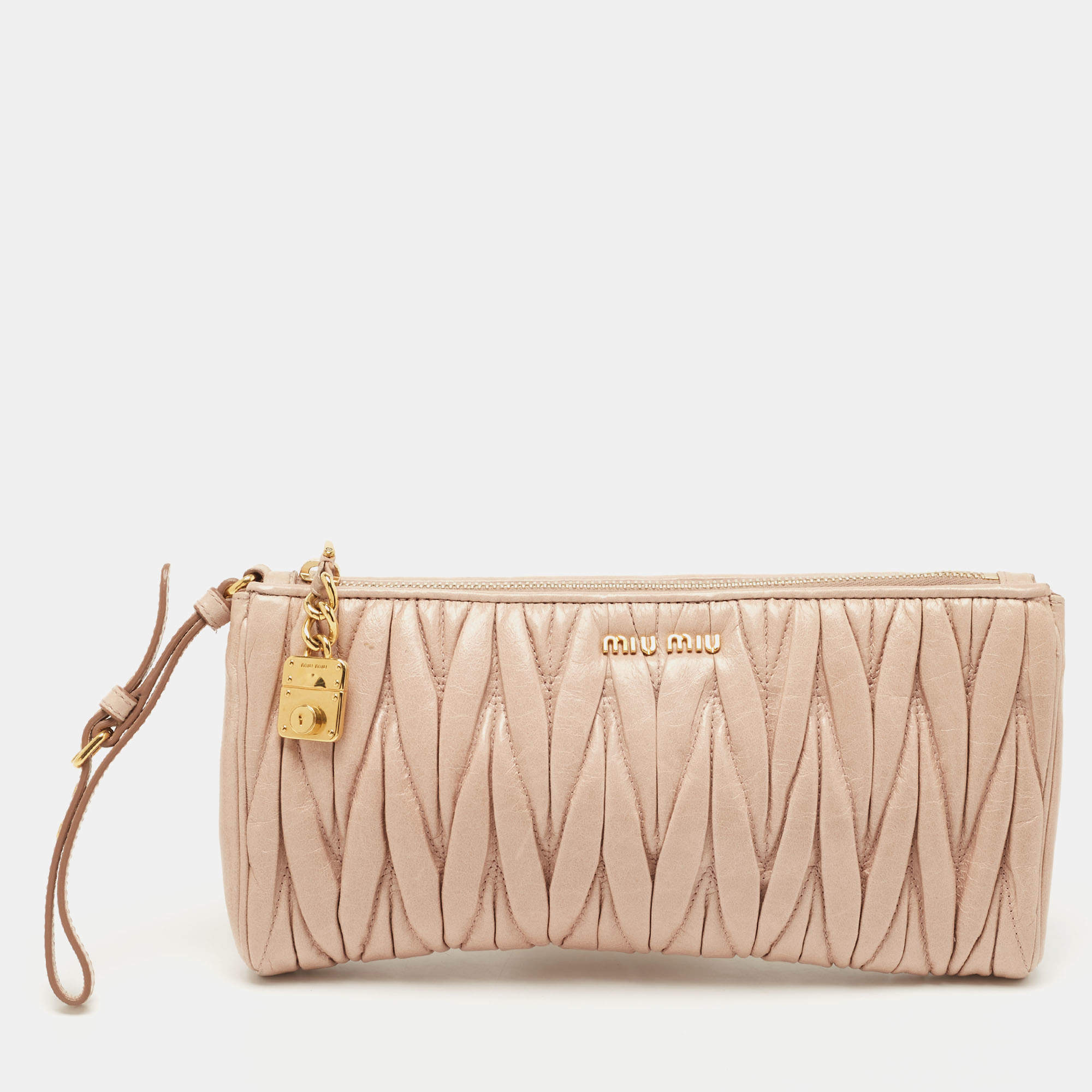 Miu Miu Pink Matelassé Leather Wristlet Clutch