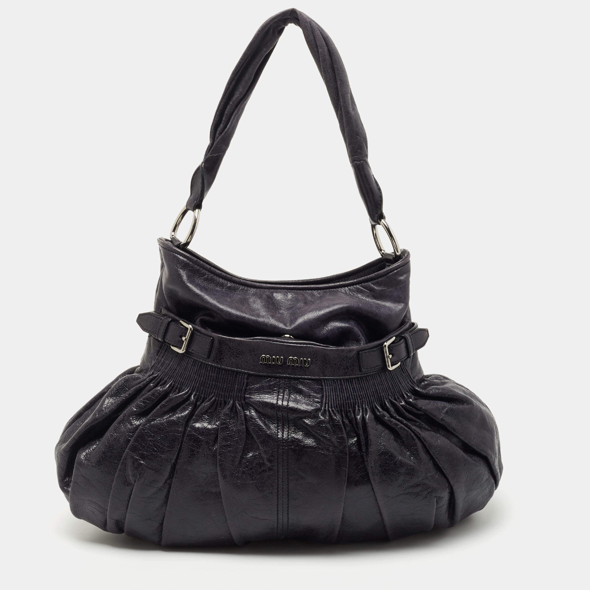 Pre Owned  Miu Miu Dark Blue Crinkled Leather Gathered Hobo