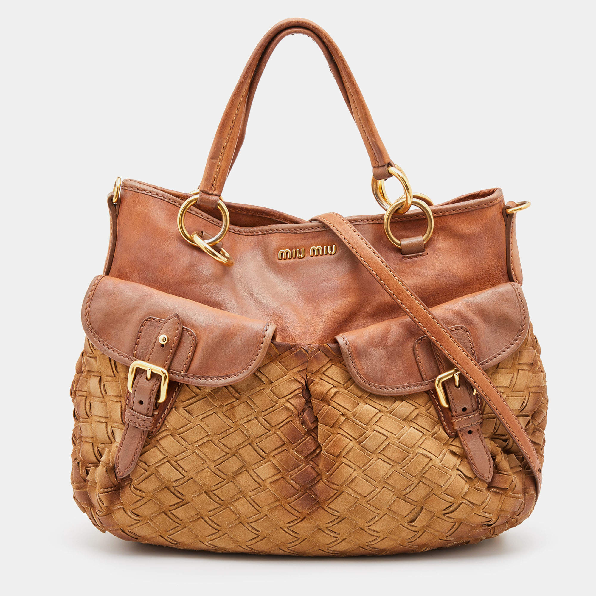 Pre Owned Miu Miu Brown Woven Suede and Leather Satchel