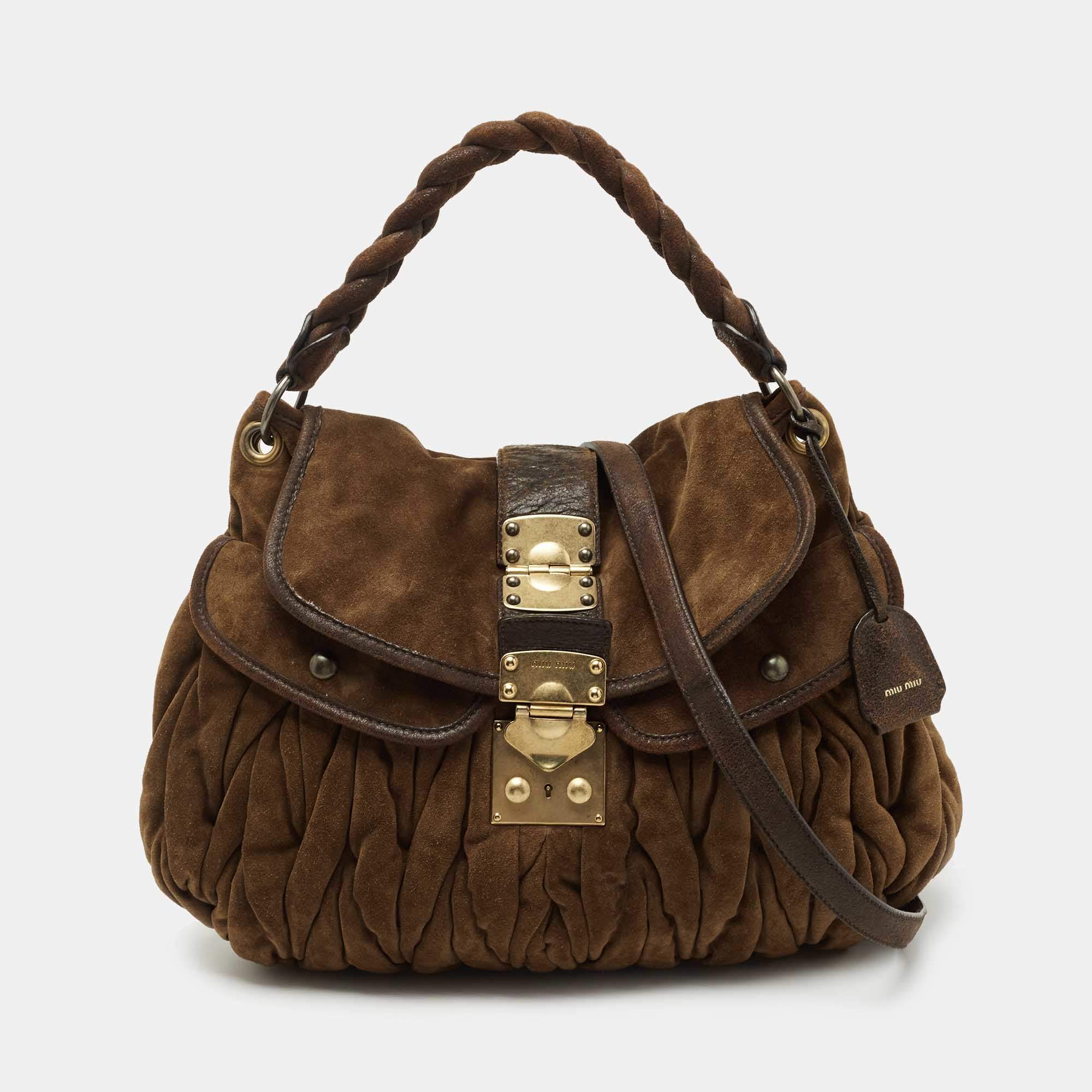 Miu Miu Brown Matelassé Suede Coffer Hobo