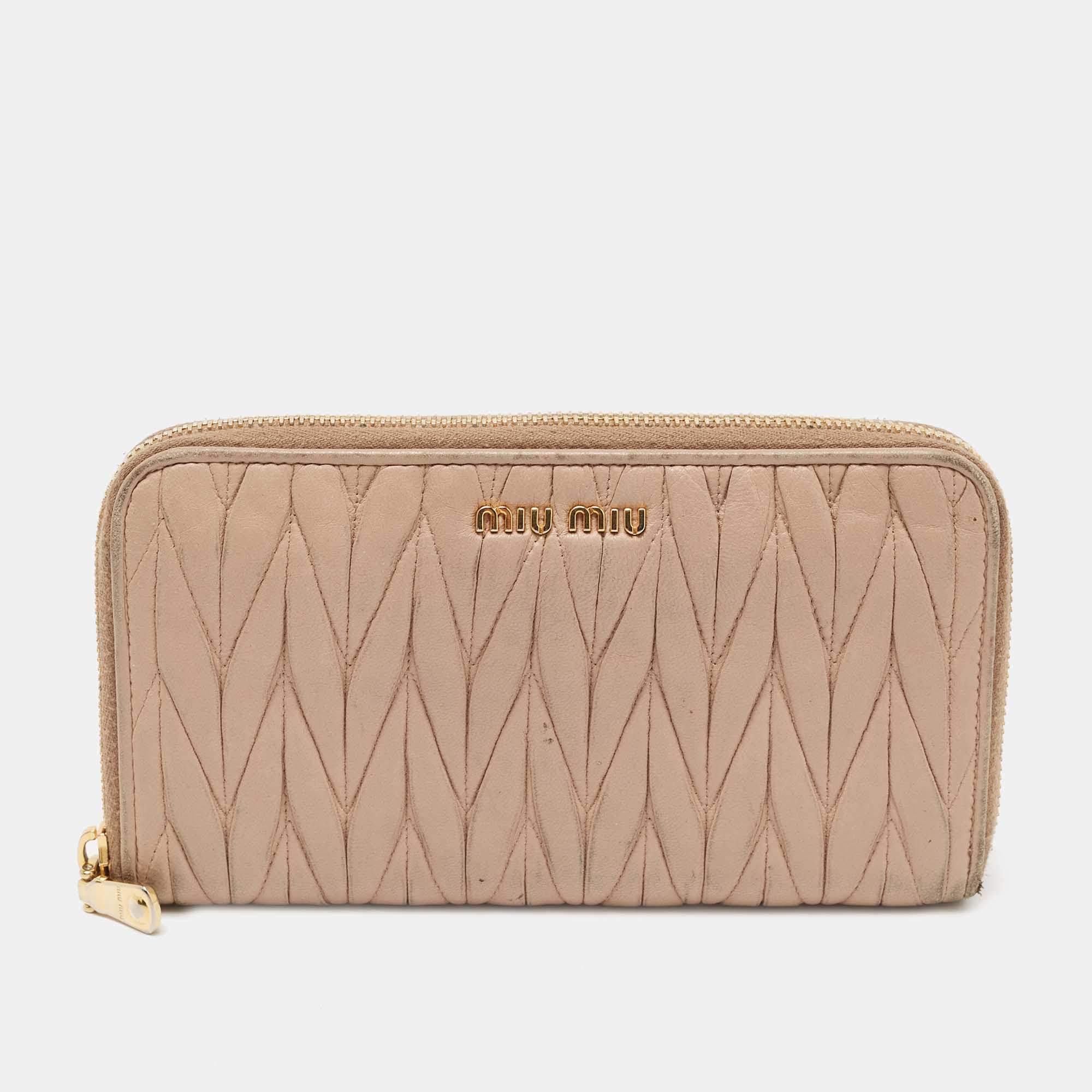 Miu Miu Beige Matelassé Leather Zip Around Wallet