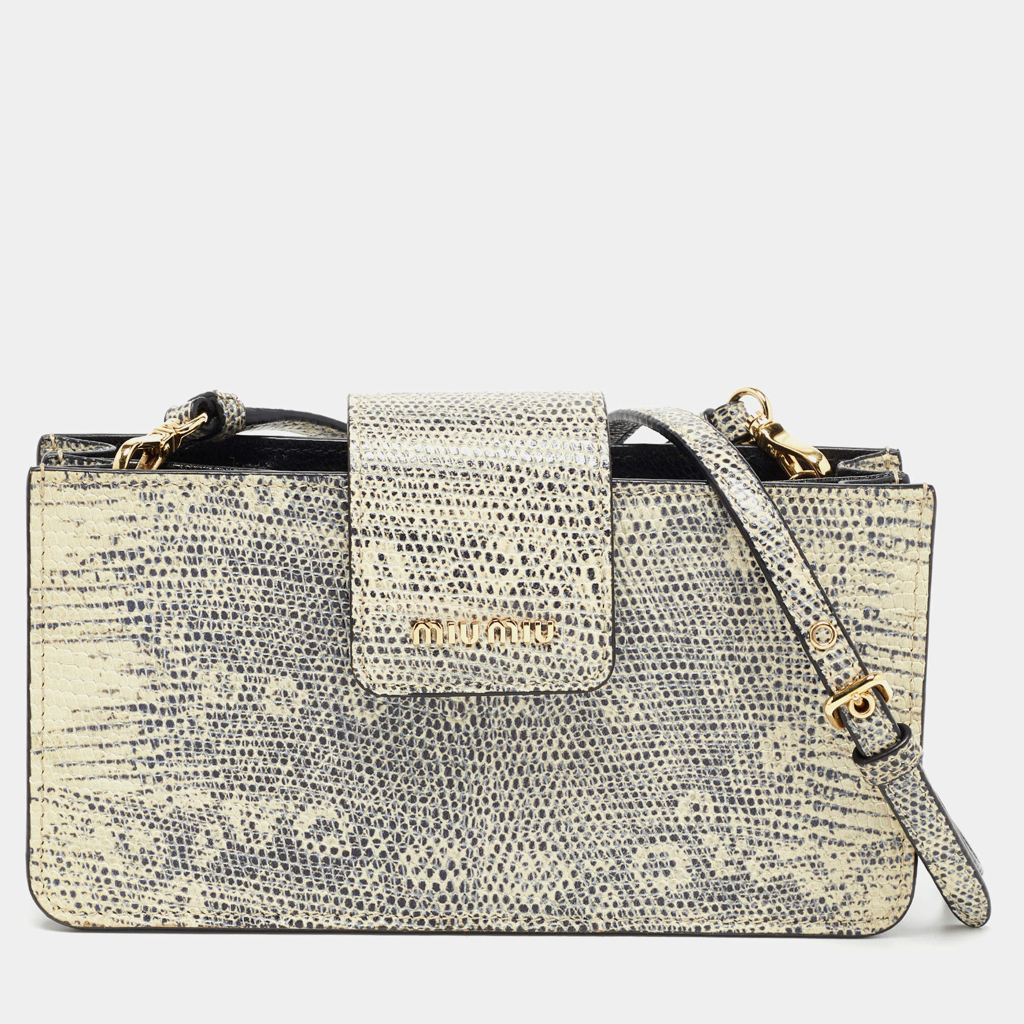Miu Miu Beige/Black Lizard Embossed Leather Crossbody Bag