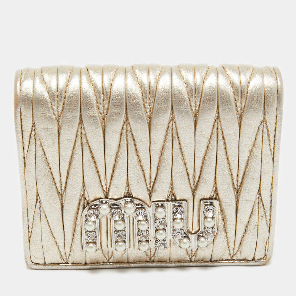 Miu Miu Gold Matelassé Leather Logo Flap Card Case 