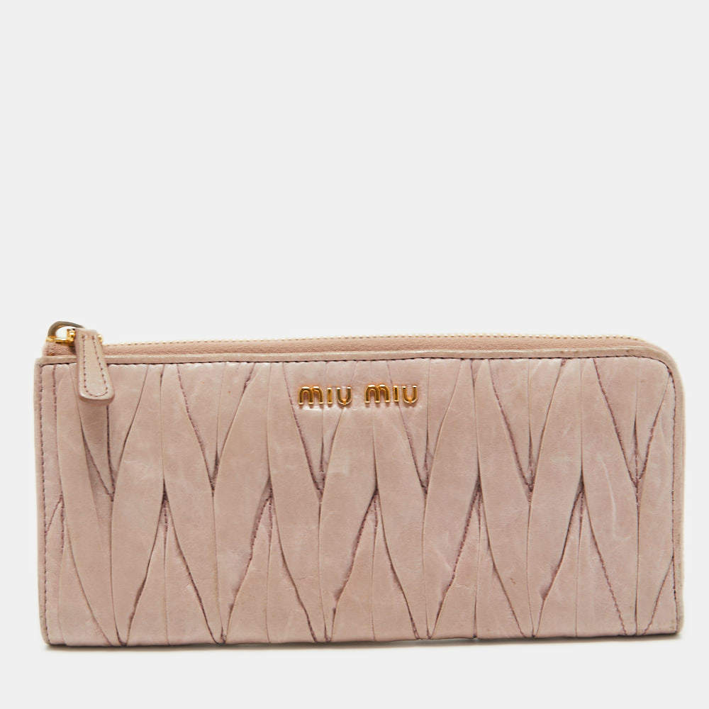 Miu Miu Pink Matelassé Leather Zip Around Wallet