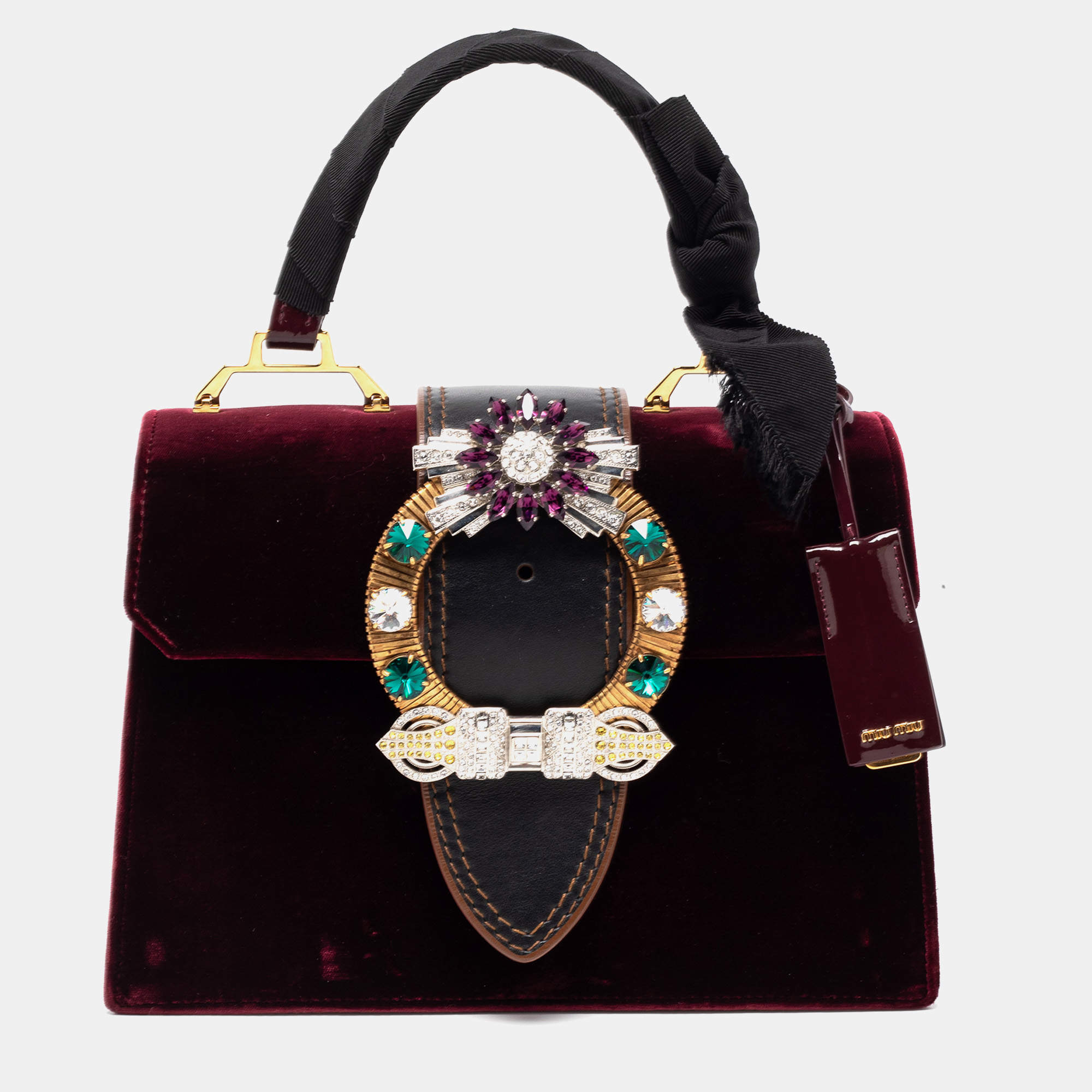 مملوكة مسبقًا Miu Miu Burgundy Velvet and Patent Leather Crystal Embellished Flap Top Handle Bag