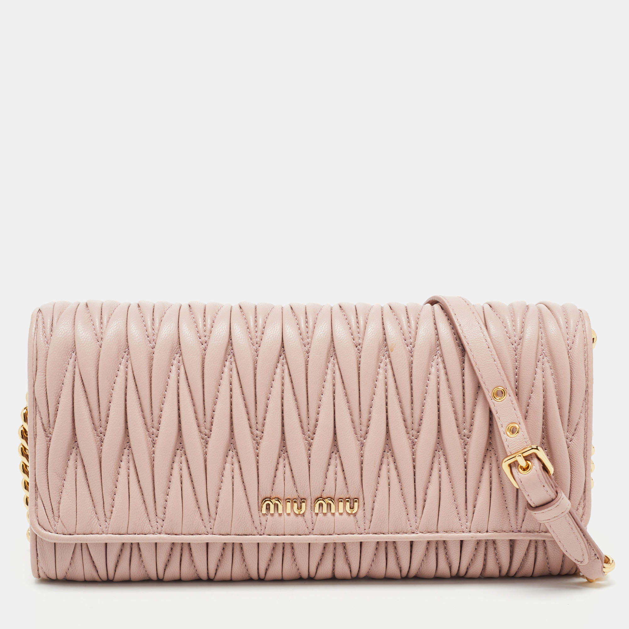 Miu Miu Pink Matelasse Leather Flap Chain Clutch