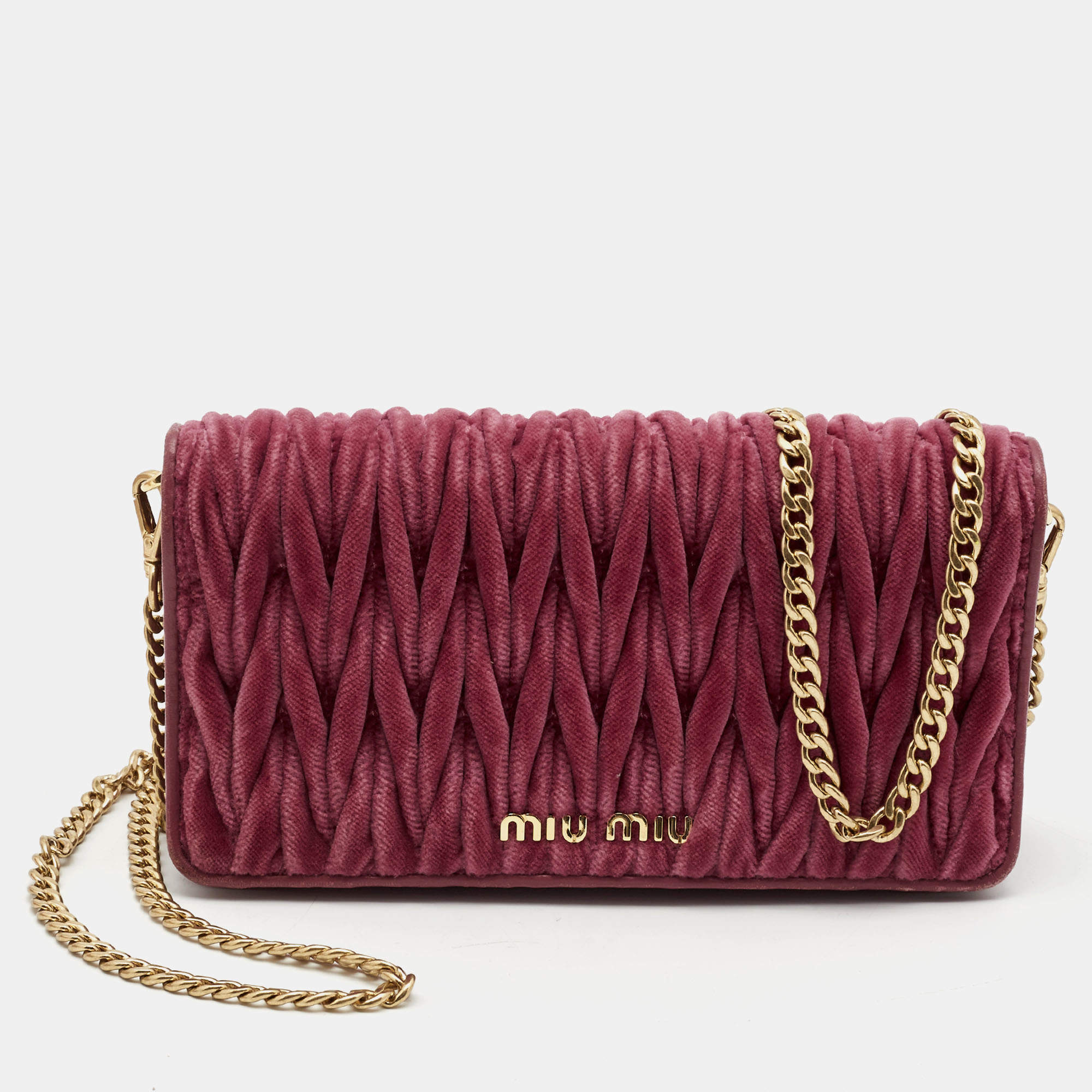 Miu Miu Pink Matelasse Velevt and Leather Wallet on Chain