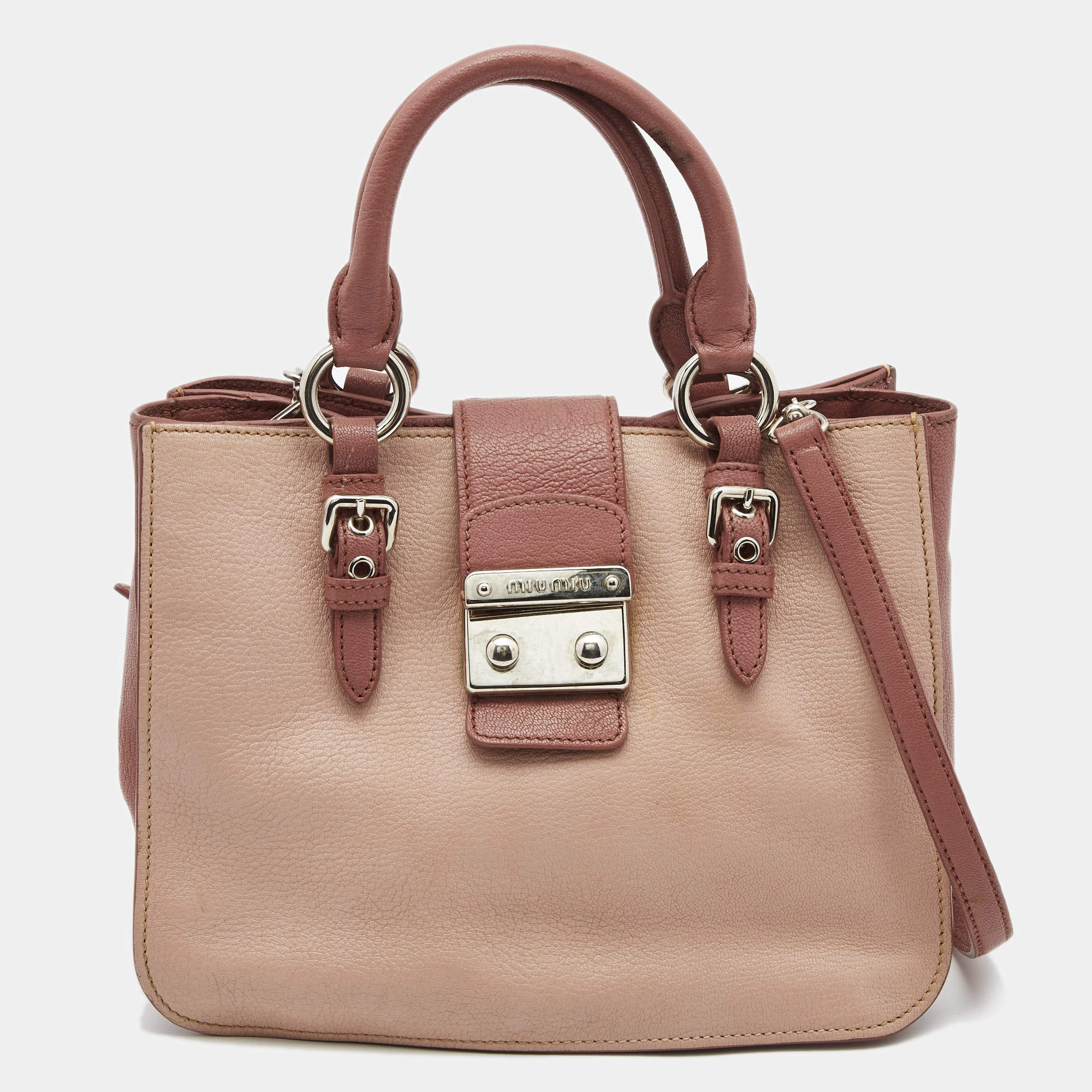 Pre Owned Miu Miu Two Tone Pink Madras Leather Pushlock Tote