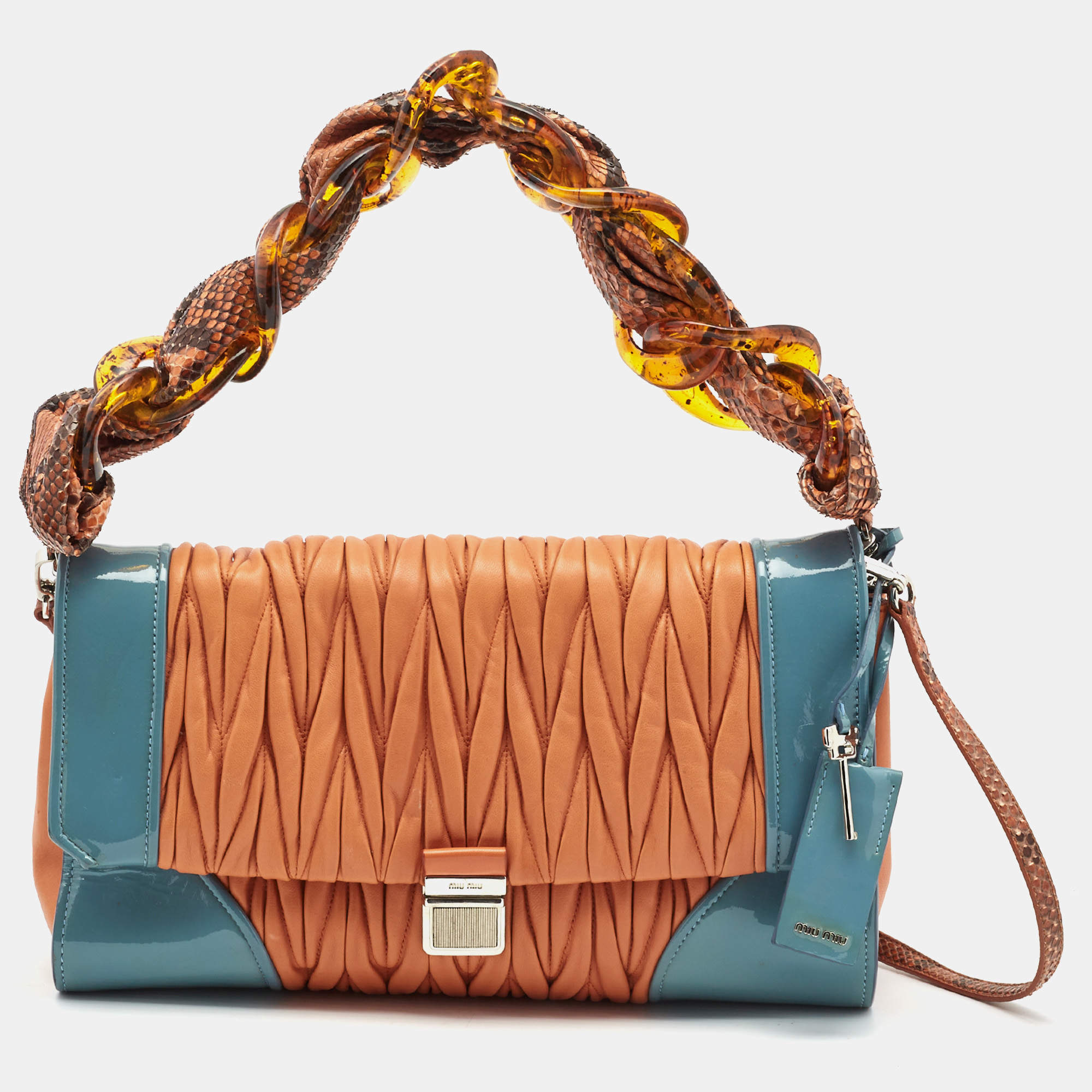 Miu Miu Orange/Light Blue Matelassé Leather and Python Flap Shoulder Bag