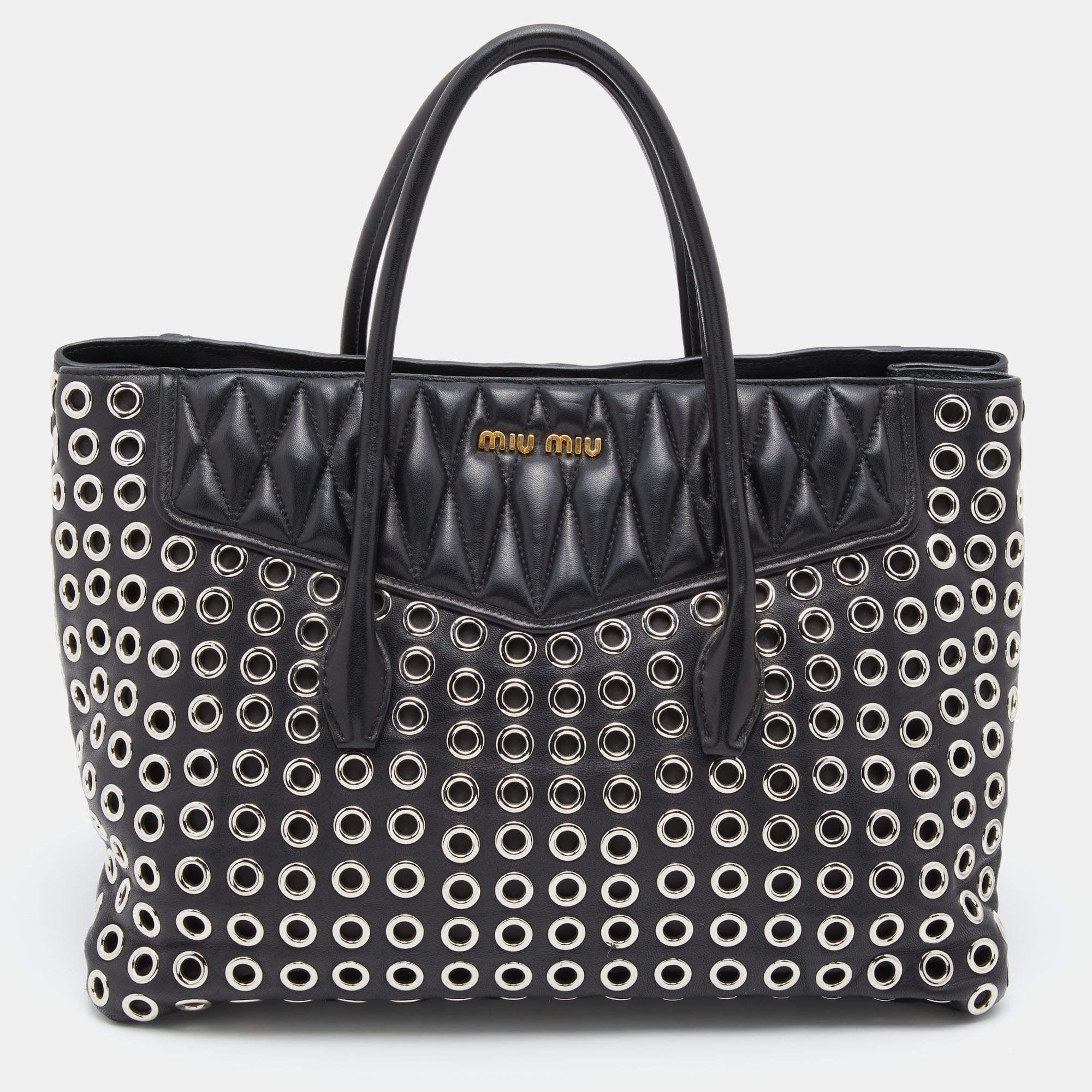Pre Owned Miu Miu Black Leather Grommet Biker Tote