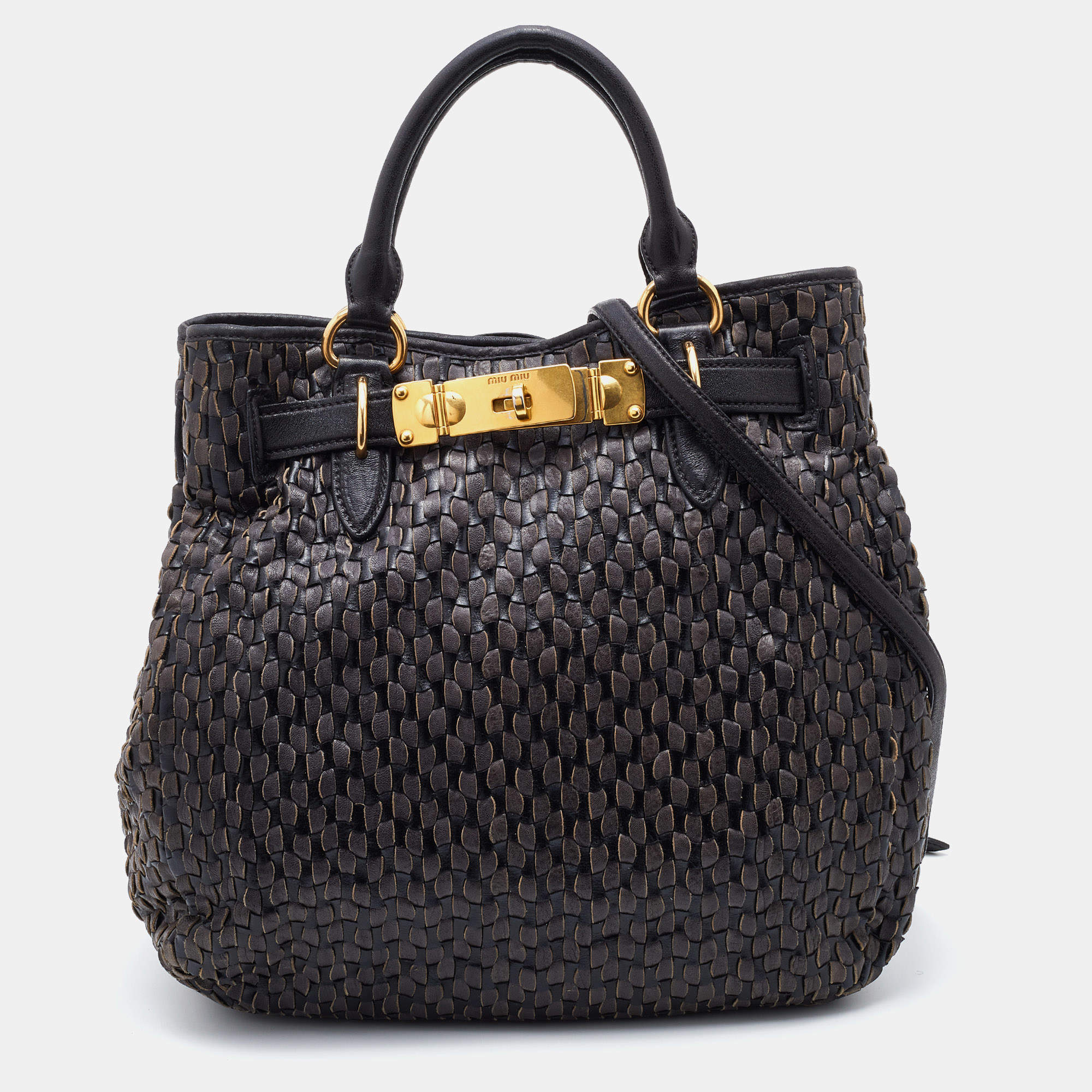 Pre Owned Miu Miu Grey/Black Napa Leather Buckle Tote 