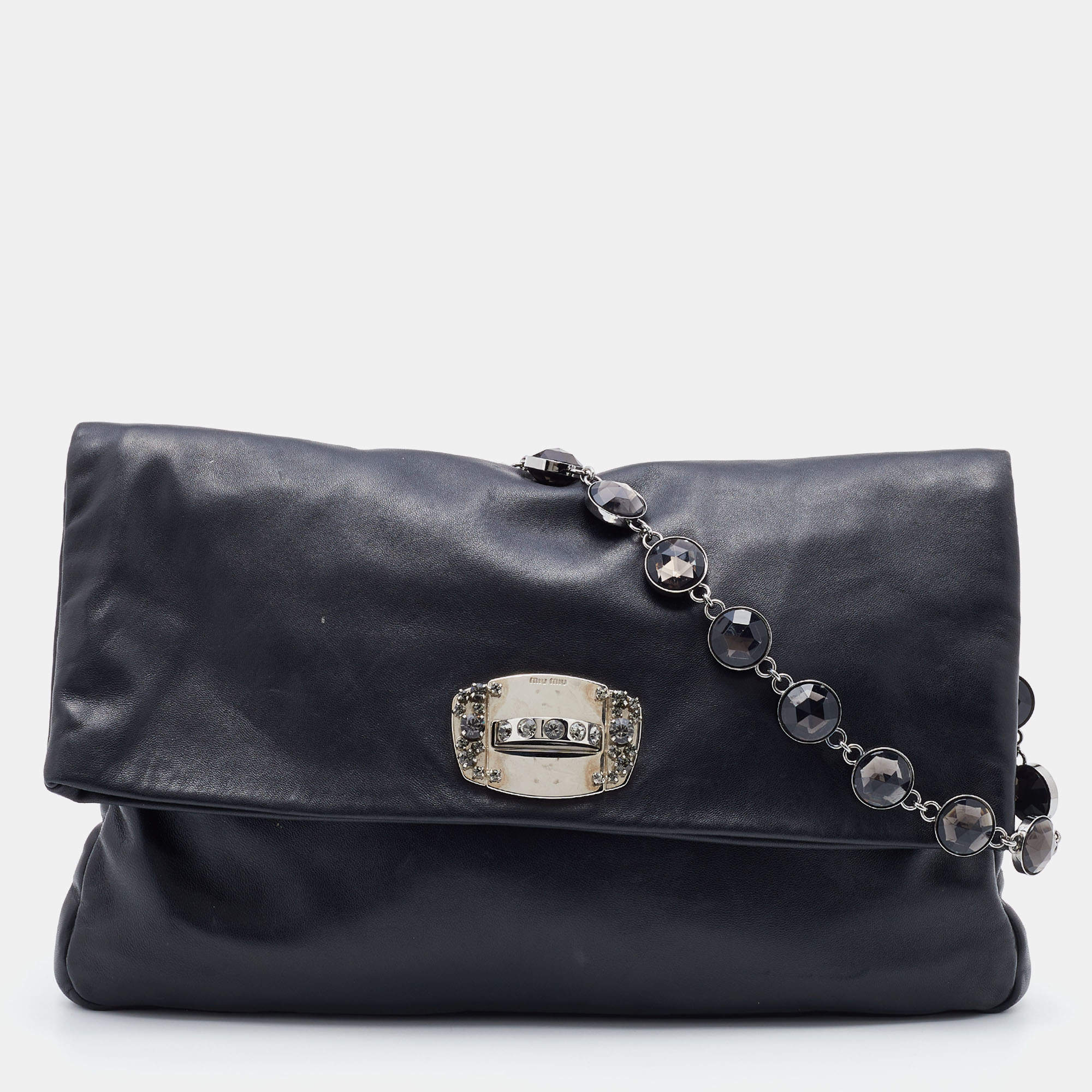 Pre Owned Miu Miu Black Leather Crystal Flap Shoulder Bag